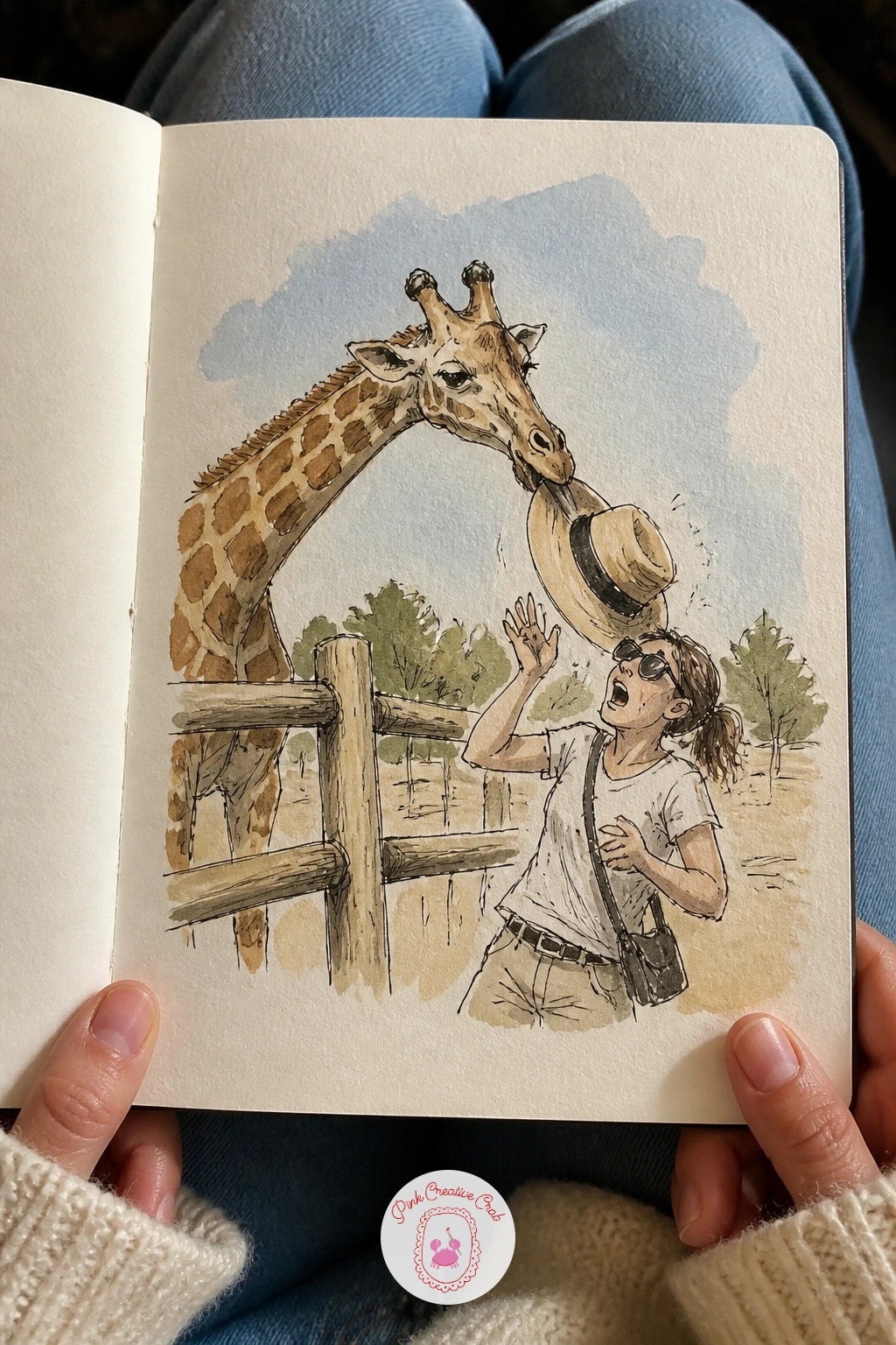 Giraffe Stealing a Sun Hat — Start with the giraffe since its shapes are so simple once you break them down: a long rectangle for the neck, a small block head