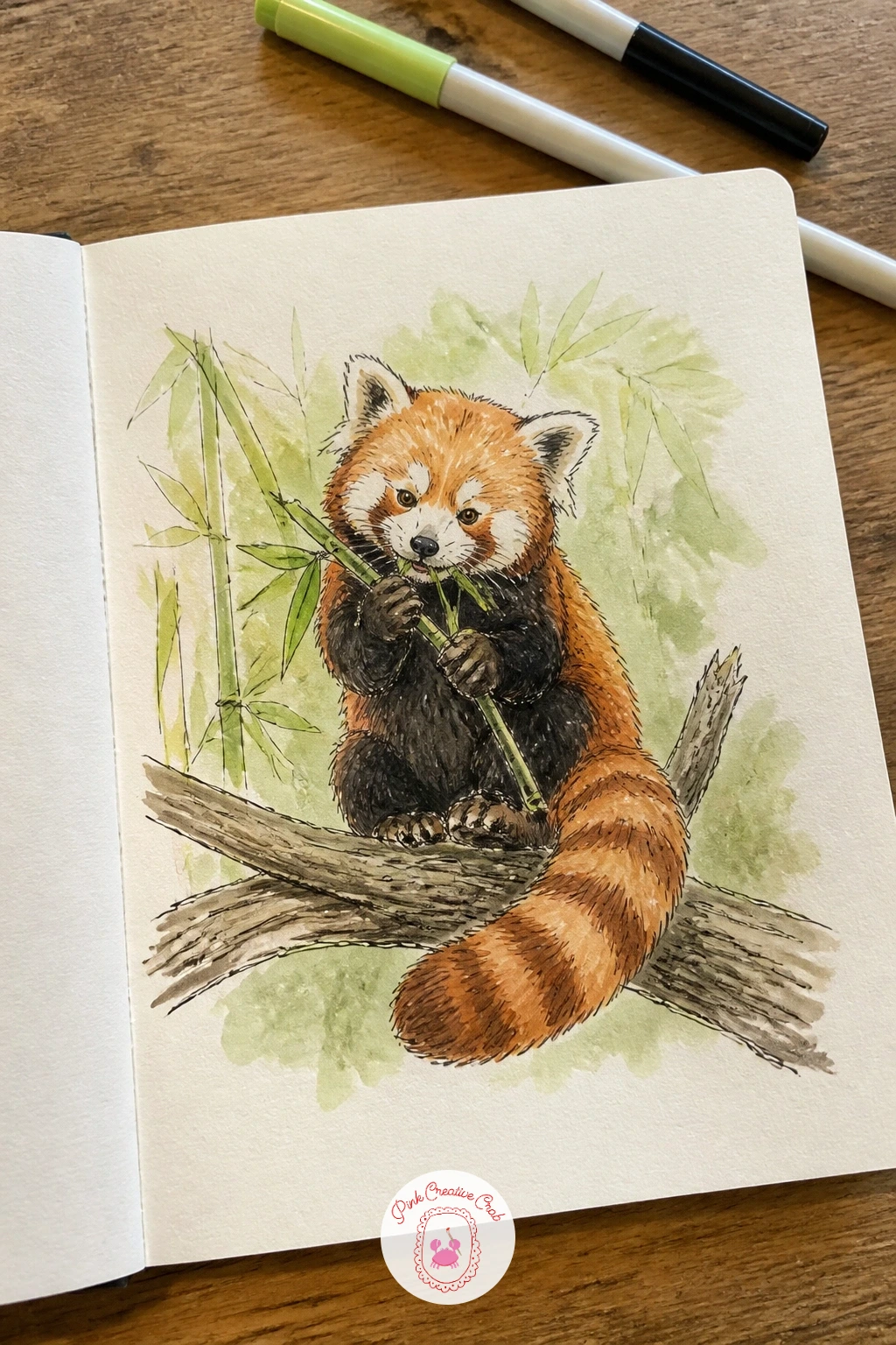 Red Panda Eating Bamboo on a Branch — Move to the red panda perched on its branch, a subject that rewards a bit of eye level thinking. Things to draw in your