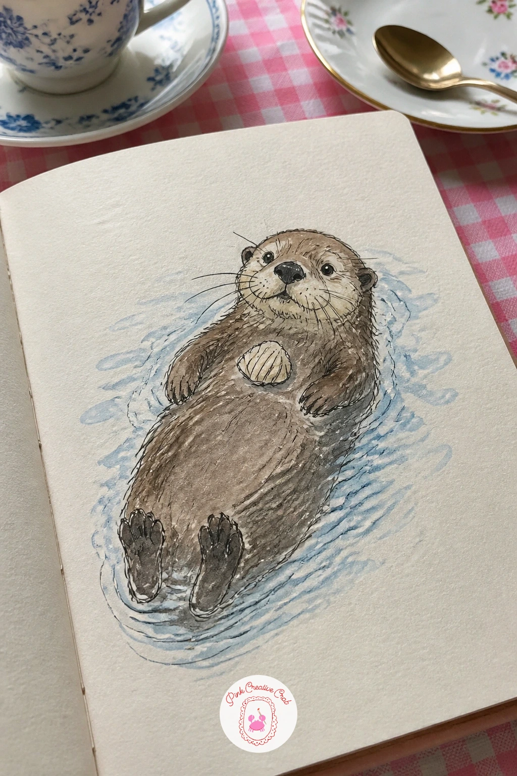 Otter Floating With a Shell on Its Belly — From a branch to the water, sketch an otter floating on its back with a shell balanced on its chest. Things to draw