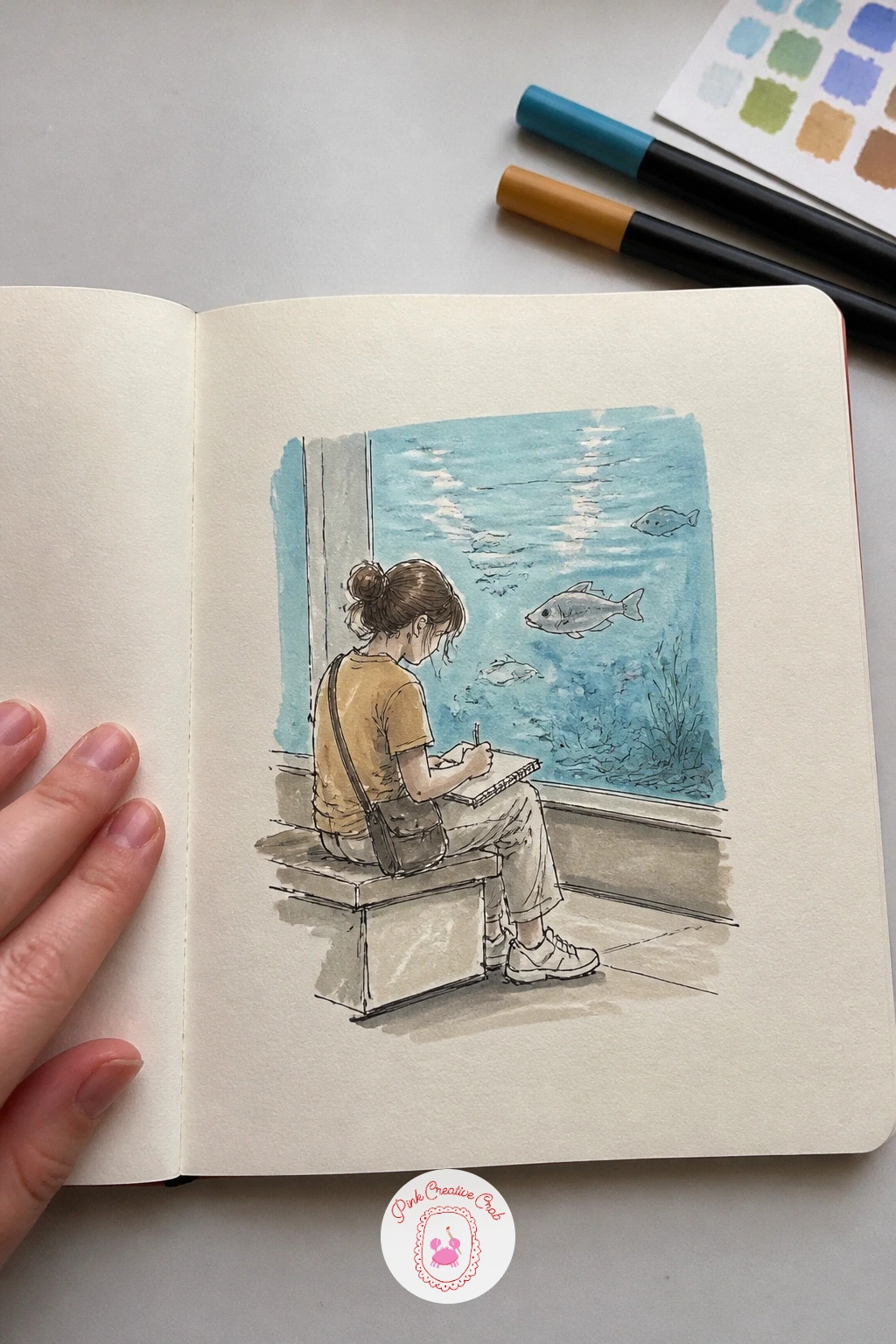 Girl Sketching on an Aquarium Bench — Turn the page toward someone else doing exactly what you are doing, a girl sitting on a bench with her own sketchbook
