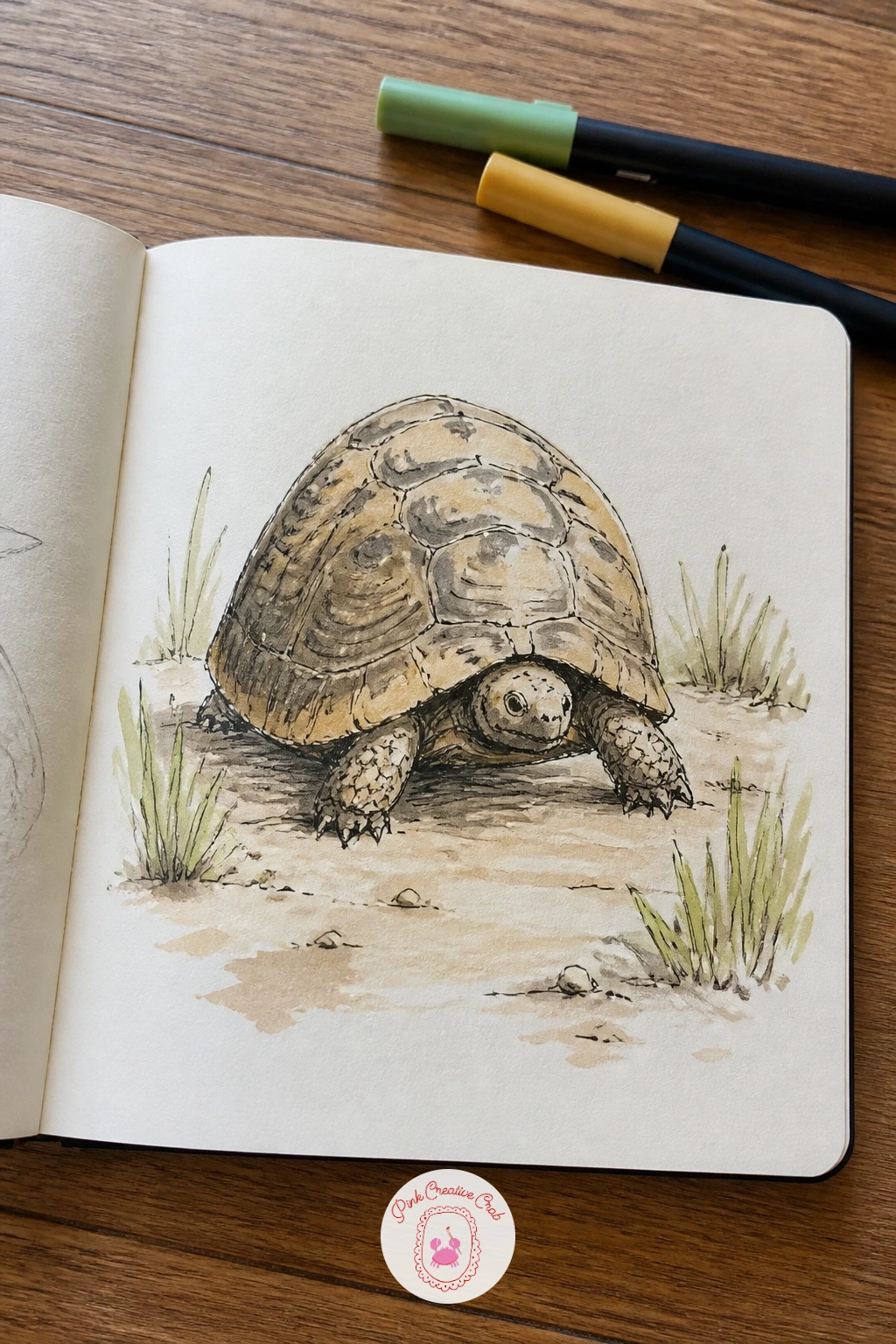 Tortoise Slowly Crossing the Path — Drop the pace right down for a tortoise halfway across a path, shell taking up most of the drawing and legs barely visible