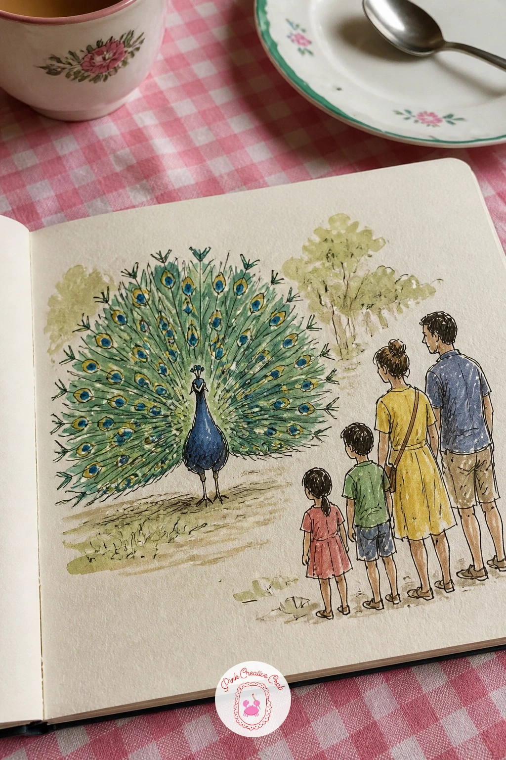 Peacock Showing Off to a Family — Give the peacock its fanned tail and a small family watching nearby, a chance to play with perspective since the tail reads