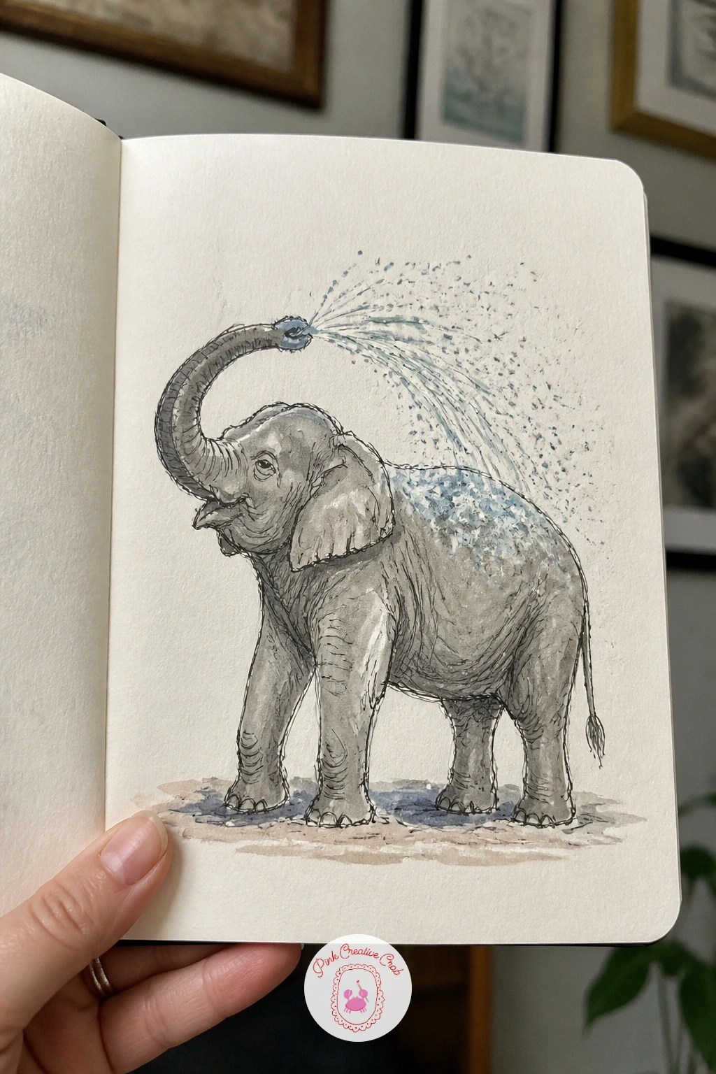 Elephant Spraying Water Over Its Back — Scale back up for an elephant mid spray, trunk curled over its back with a fine arc of water droplets falling. Things