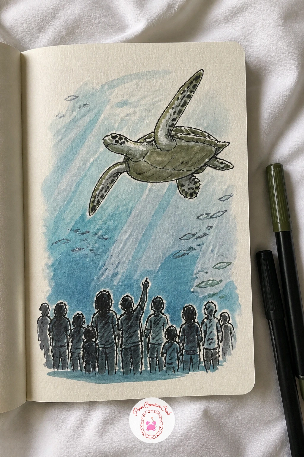 Sea Turtle Gliding Above the Crowd — Back underwater for a sea turtle gliding high in a big tank, visitors gathered below looking up at it. Things to draw in