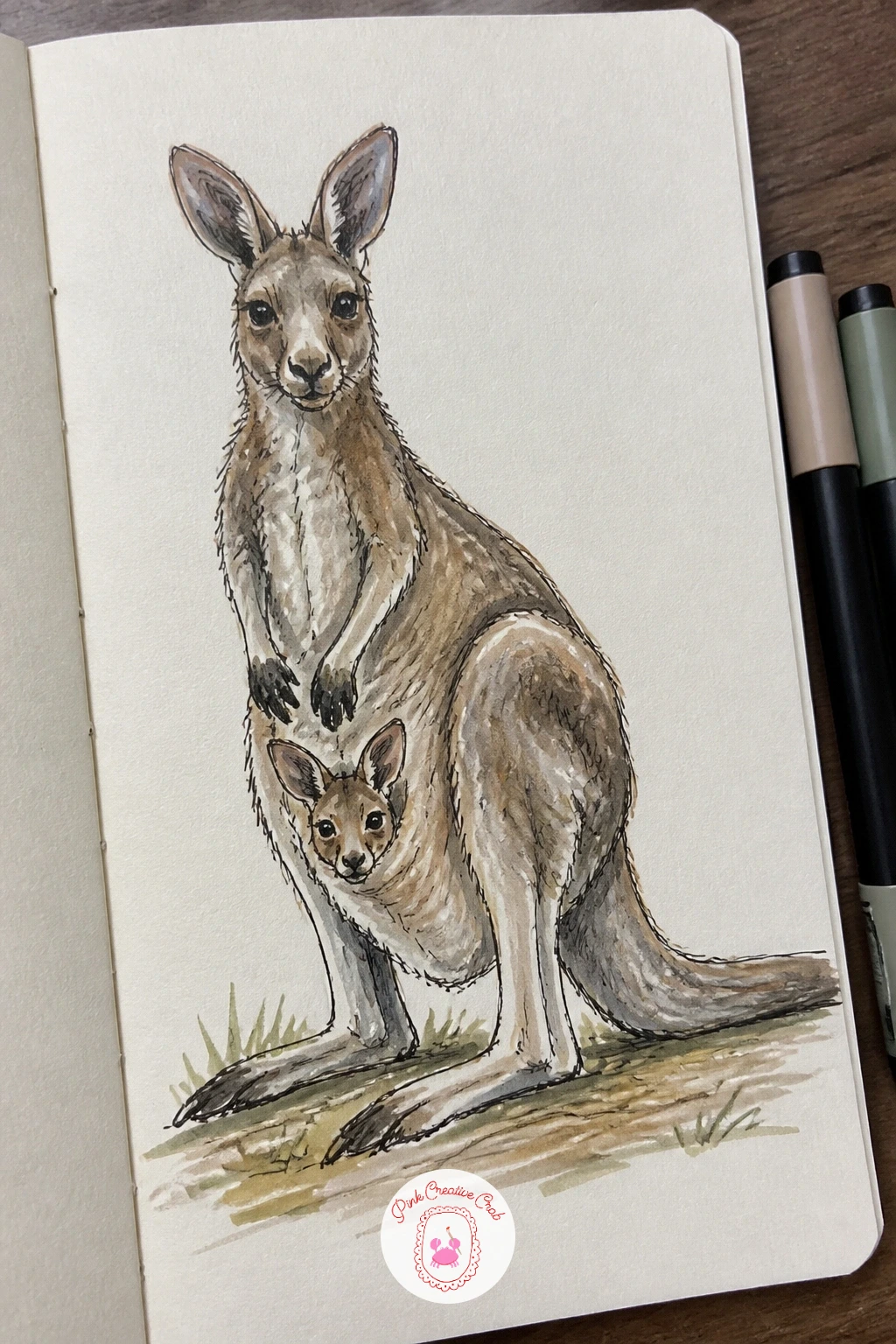 Kangaroo With a Joey Peeking Out — Draw a kangaroo standing with a joey's small head just visible poking out of the pouch, a nice chance to practice overlap.