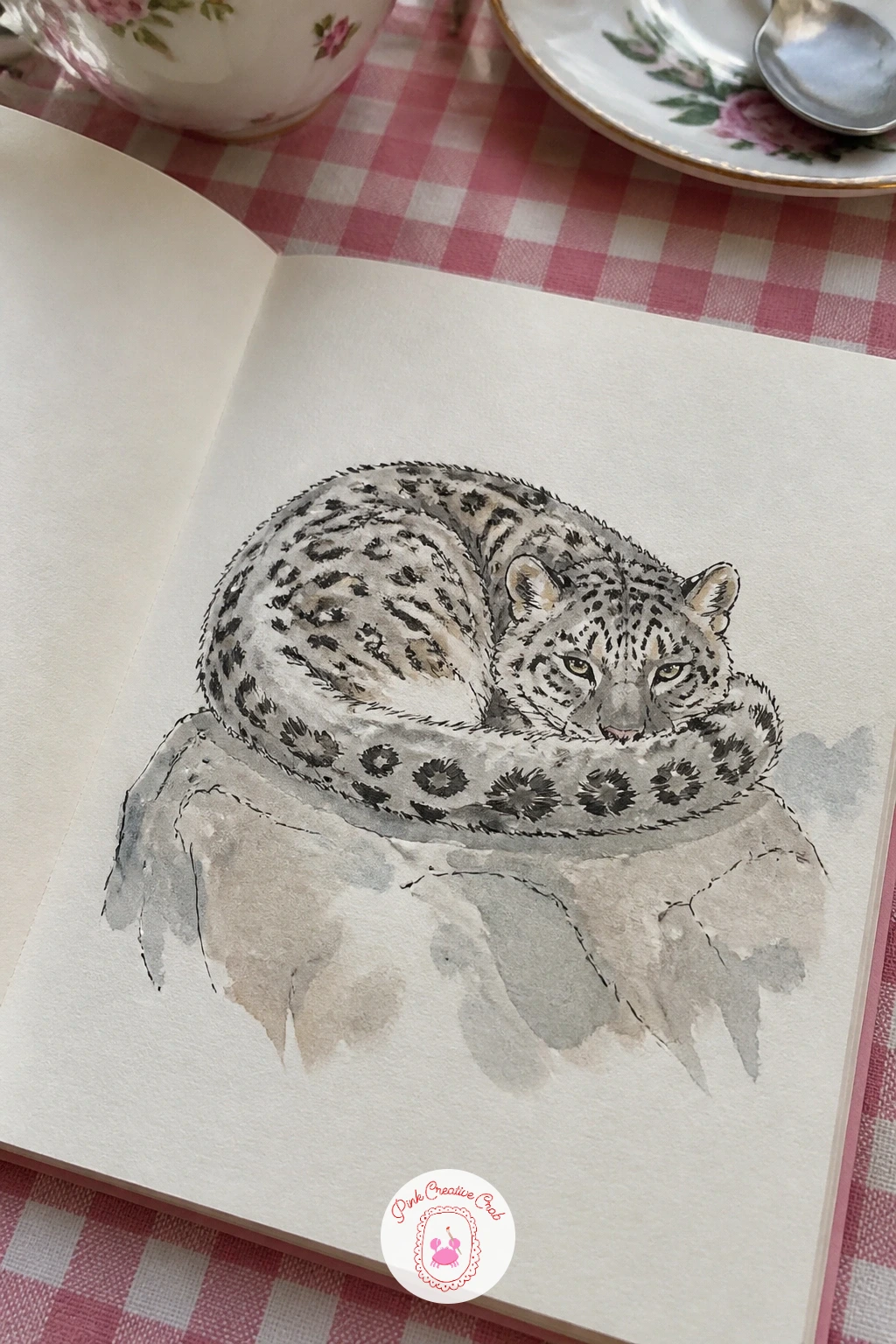 Snow Leopard With Its Tail Curled — Draw a snow leopard curled on a rock with its thick tail wrapped right around its own body, a pose built almost entirely