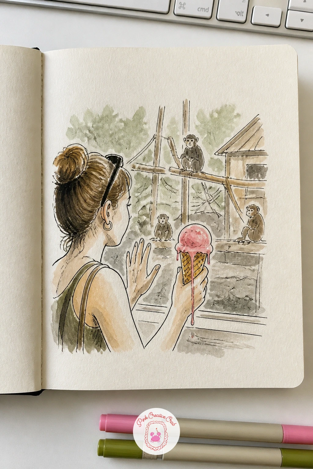 Ice Cream Break by the Monkey House — Take a break yourself and draw someone else's ice cream moment near the monkey house, cone in hand and a monkey visible