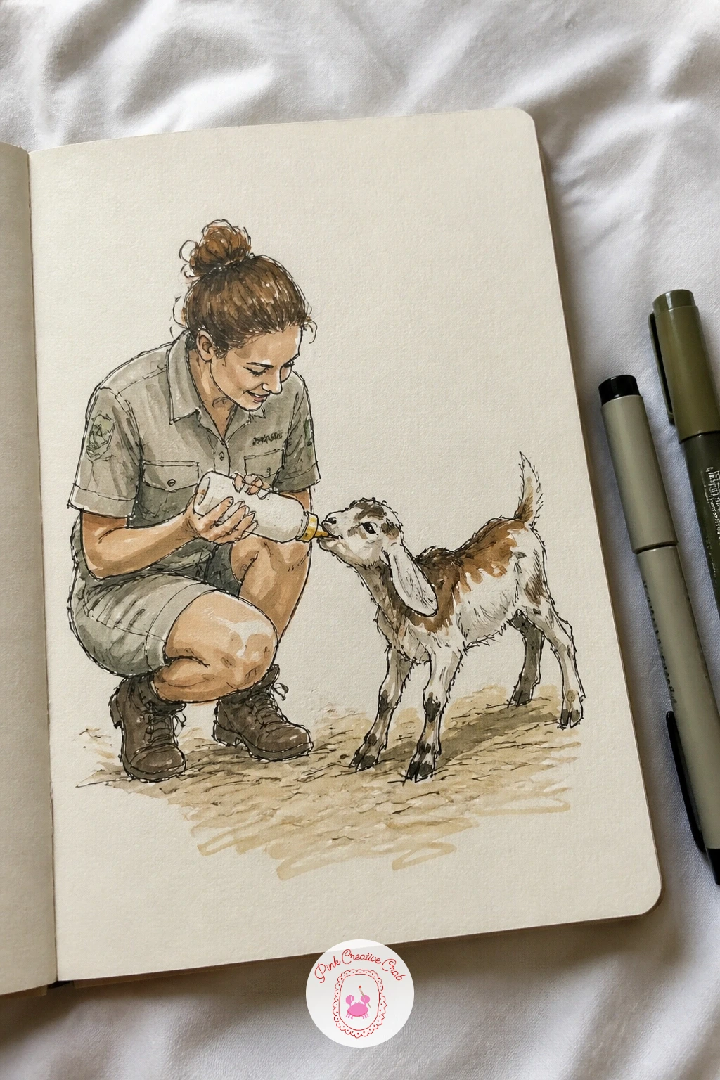 Zookeeper Bottle Feeding a Baby Goat — Draw a zookeeper crouched low, bottle tipped up for a baby goat drinking eagerly, a pose built around that strong