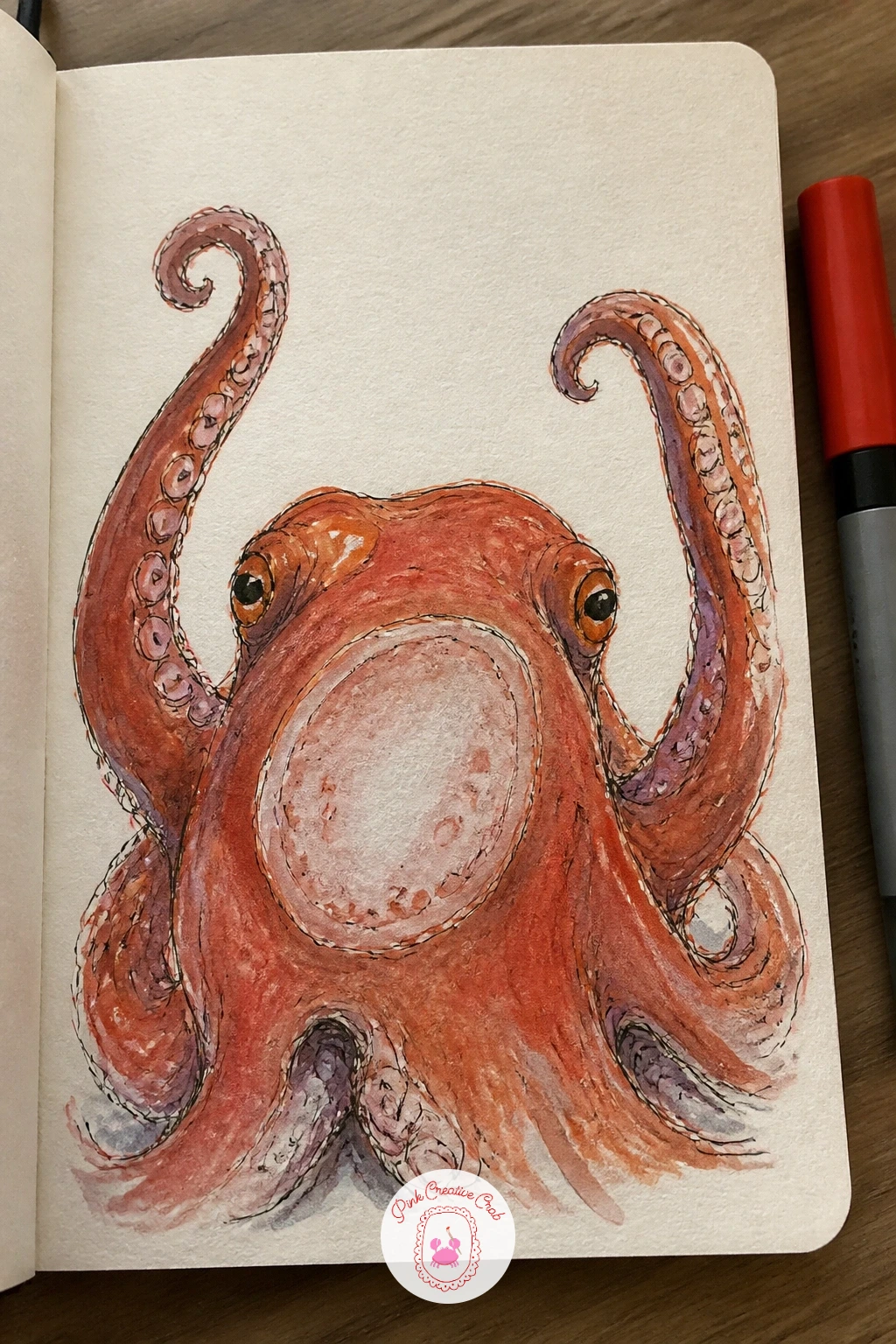 Octopus Waving at the Glass — Draw an octopus pressed against the tank glass with a couple of arms raised as though waving, a subject almost entirely about