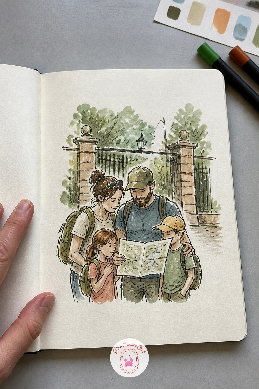 Family Reading the Map at the Gate — Pause at the entrance for a family gathered around a paper map at the gate, a good chance to practice a small group