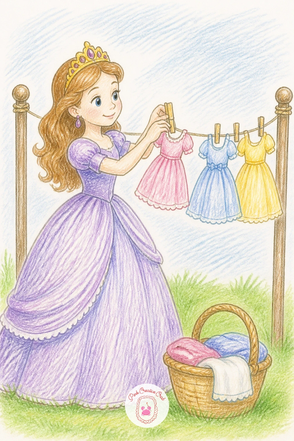 Princess Doing Laundry — Move from the market basket to a laundry line, where a princess pins up her own gowns between two posts like anyone else. Princess