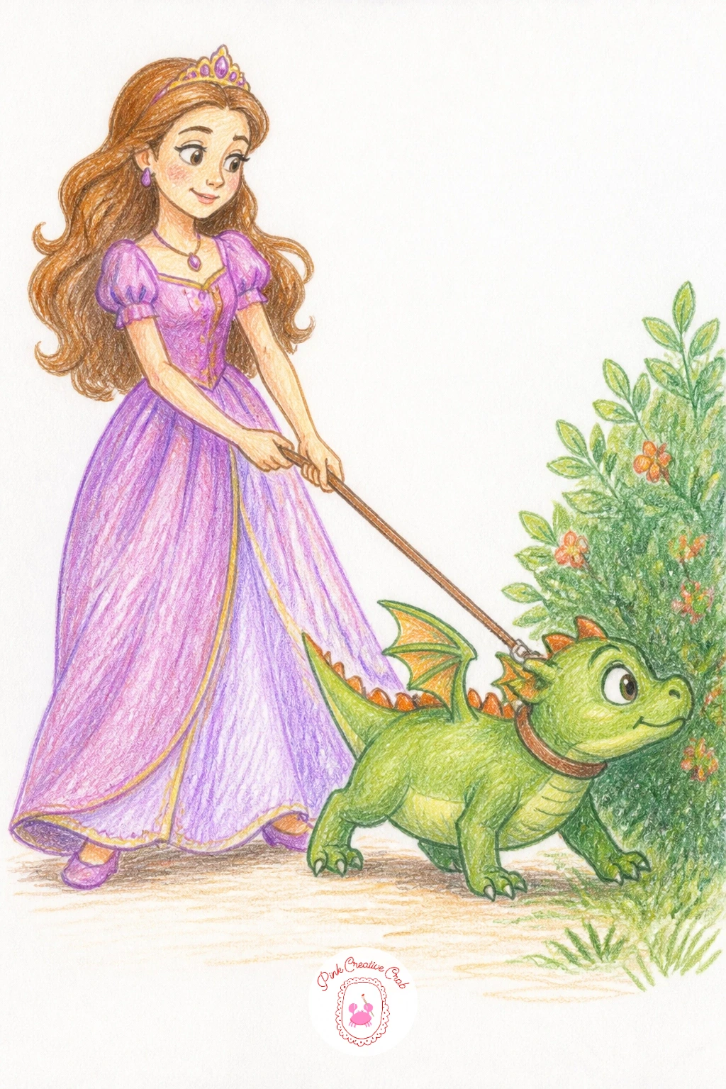Princess Walking Her Baby Dragon — After the washing line, give her something livelier to manage: a princess walking her baby dragon on a leash like an