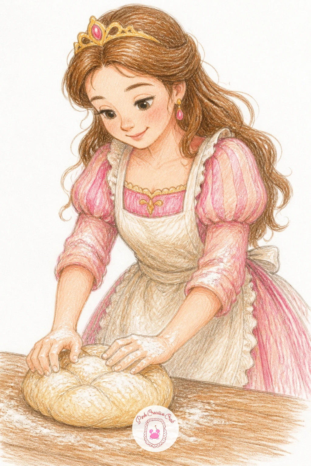 Princess Baking Bread — From a dragon on a leash to something calmer: a princess baking bread, apron tied loosely over her gown, flour dusted on her hands.