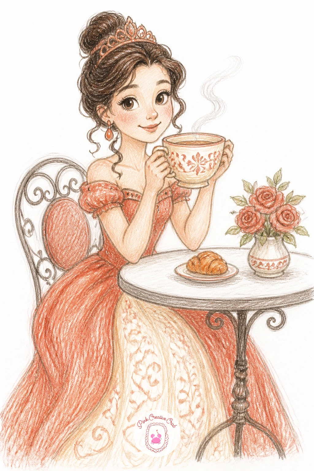 Princess at a Cafe — After all that pedaling, she has earned a seat at a cafe table with a cup of something warm. Princess drawings