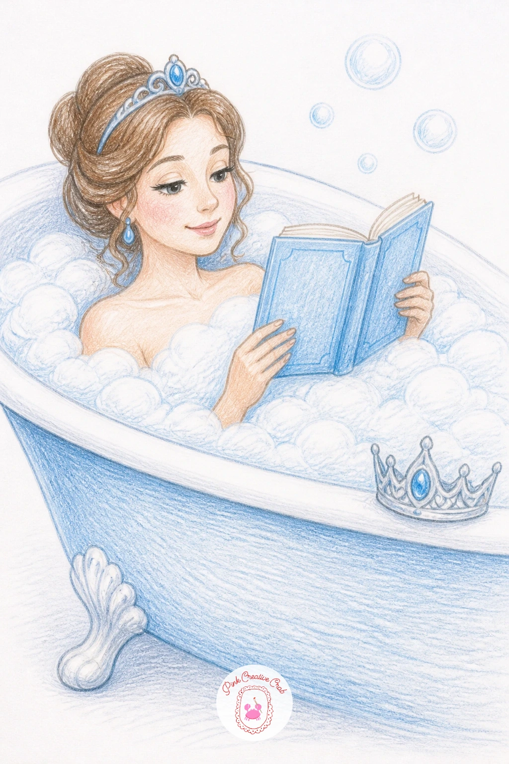 Princess Reading in the Bathtub — Trade the garden soil for bubbles and give the princess a book she refuses to put down even in the bath. Princess drawings