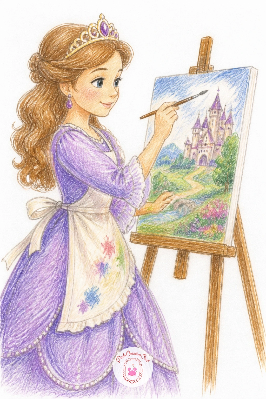 Princess Painting at an Easel — Let the princess who loves books also love paint, standing at a small easel with a brush in hand and a smock thrown over her