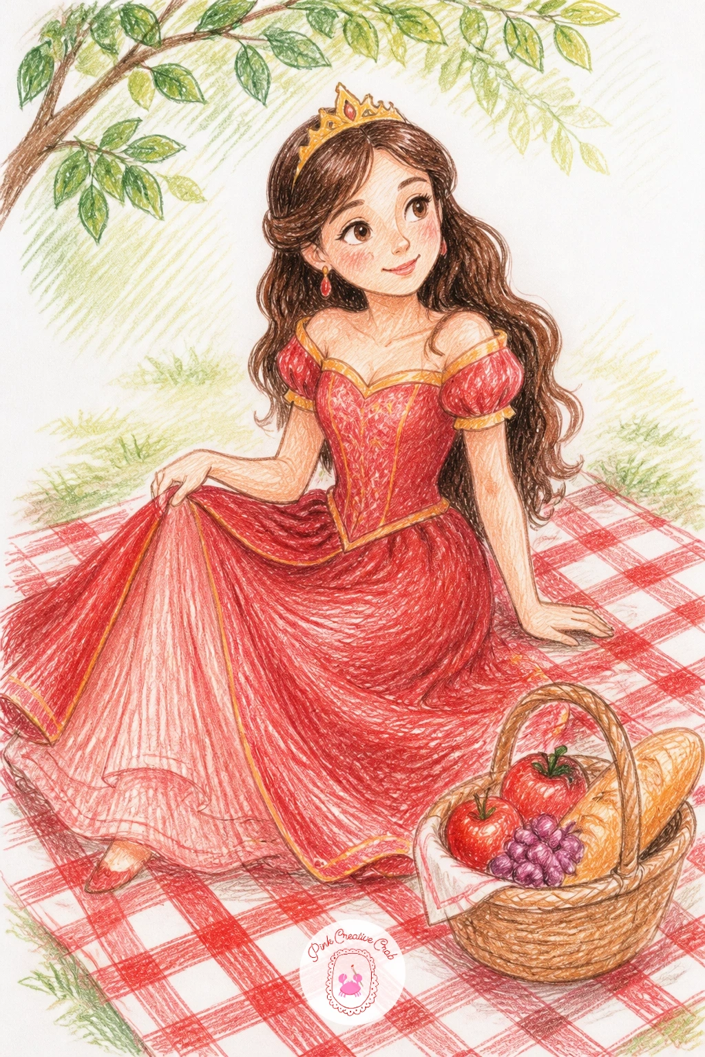 Princess Picnic — Take the books outside for a picnic, blanket spread under her and a small basket of food open beside her knees. Princess drawings