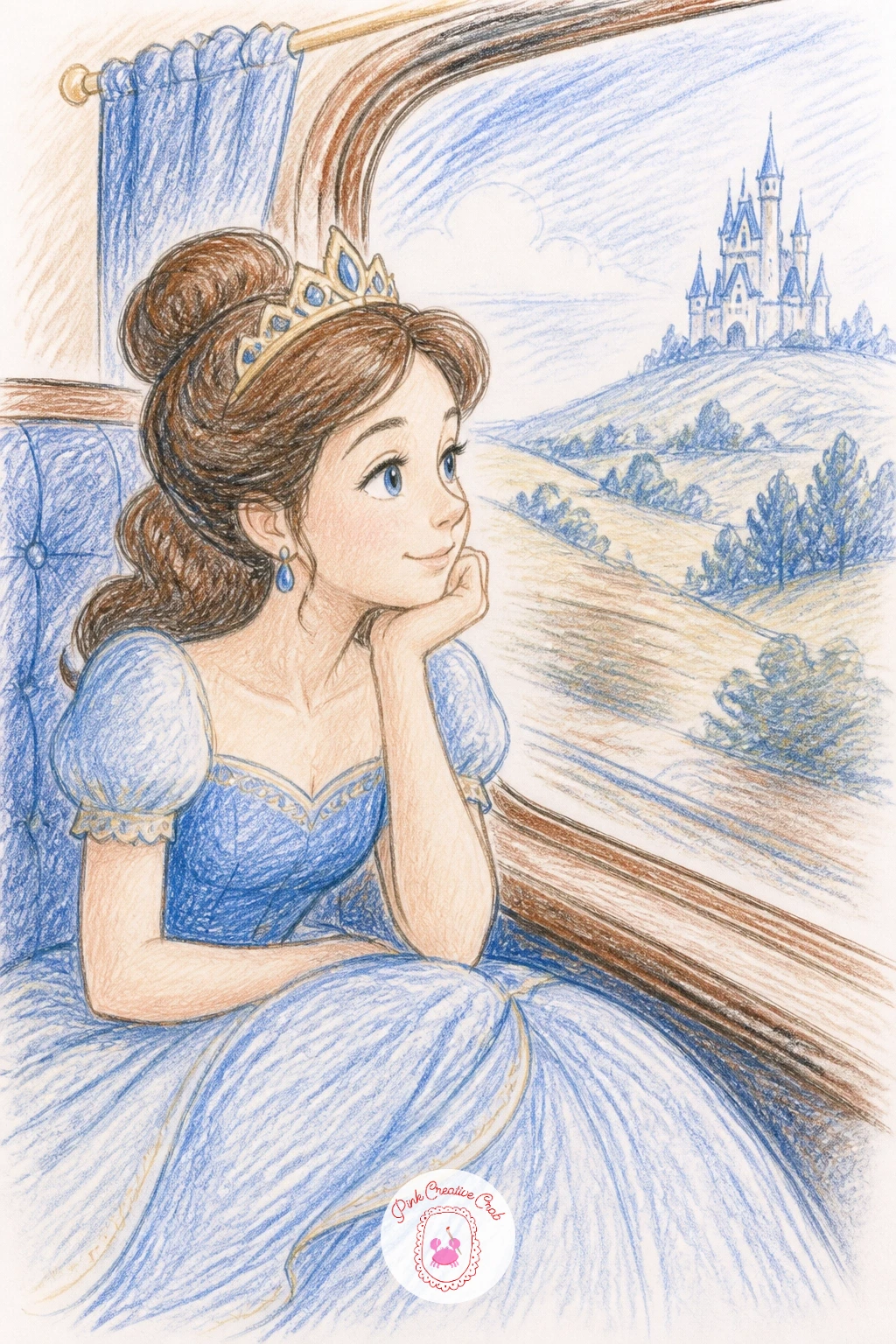 Princess on a Train — Send her off on a journey next, seated by the window of a train carriage with her chin resting on one hand. Princess drawings