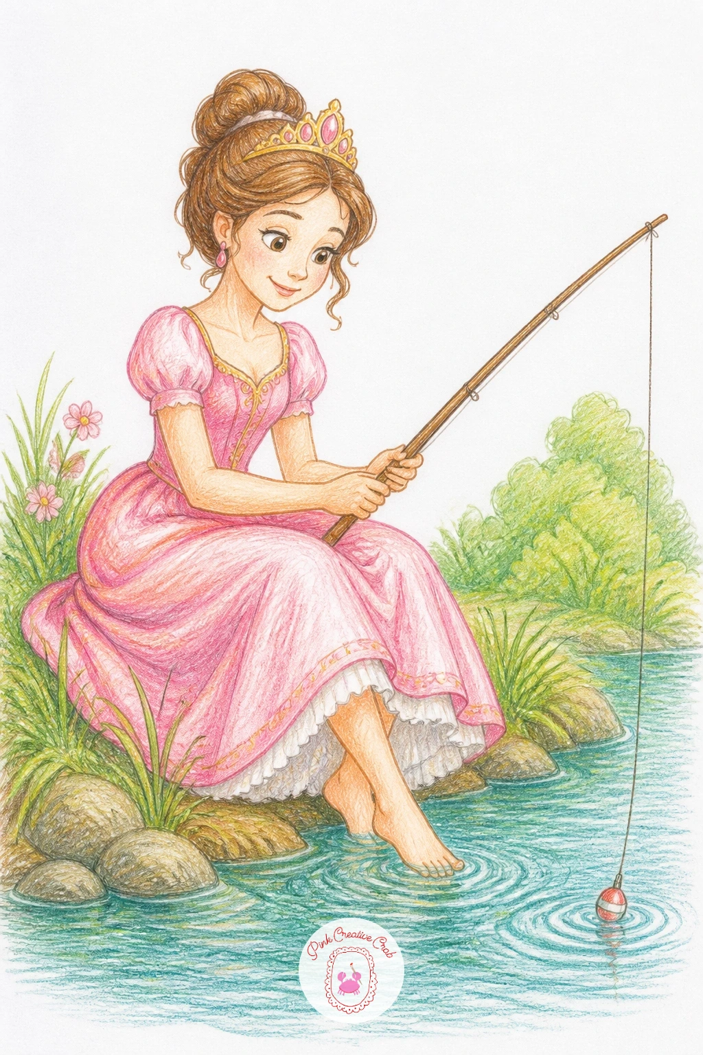 Princess Fishing — Give her a quieter outdoor moment with a fishing rod propped over a riverbank, gown tucked up slightly so it does not drag in the water.