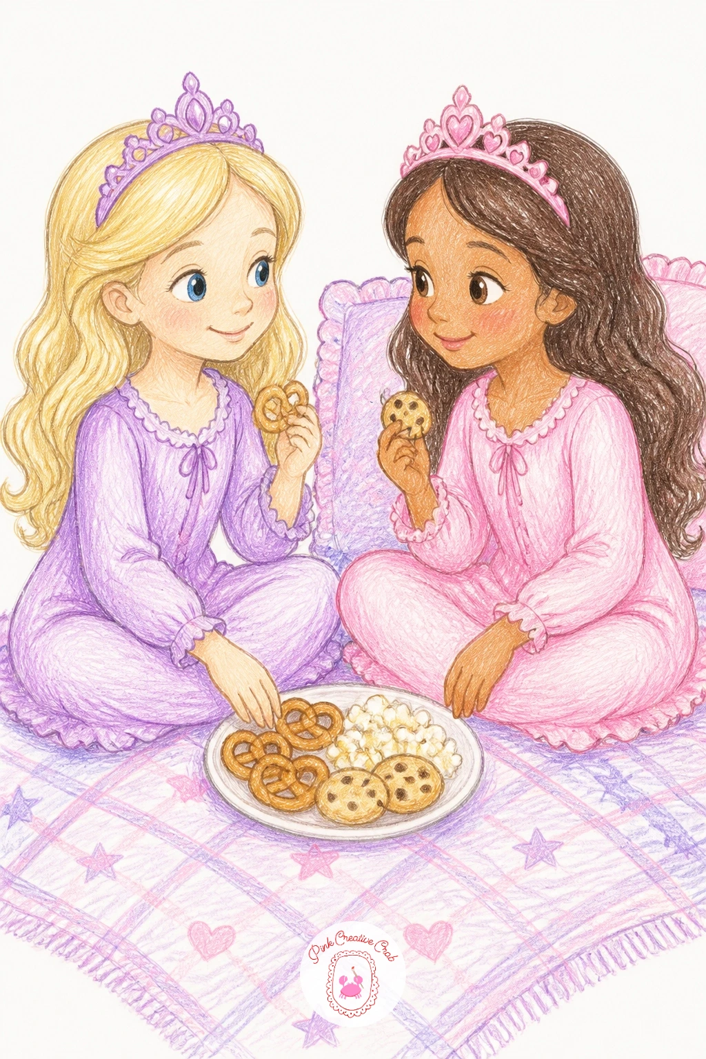 Princess Sleepover — Bring in a second princess for this one, since a sleepover is no fun alone, both in nightgowns with crowns swapped for simple soft caps or