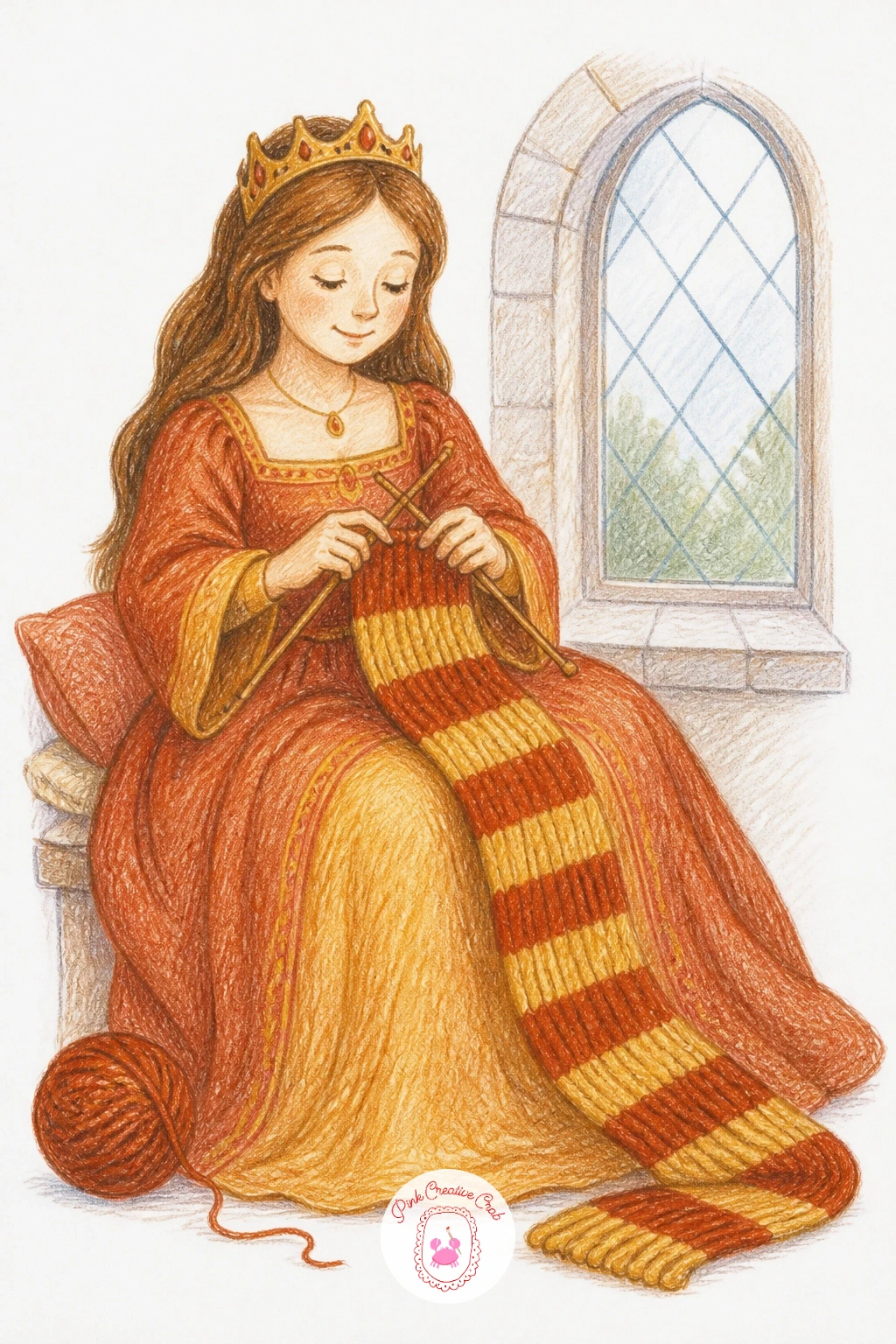 Princess Knitting — Slow things right down with a princess knitting by a window, a half finished scarf trailing off her needles onto her lap. Princess drawings