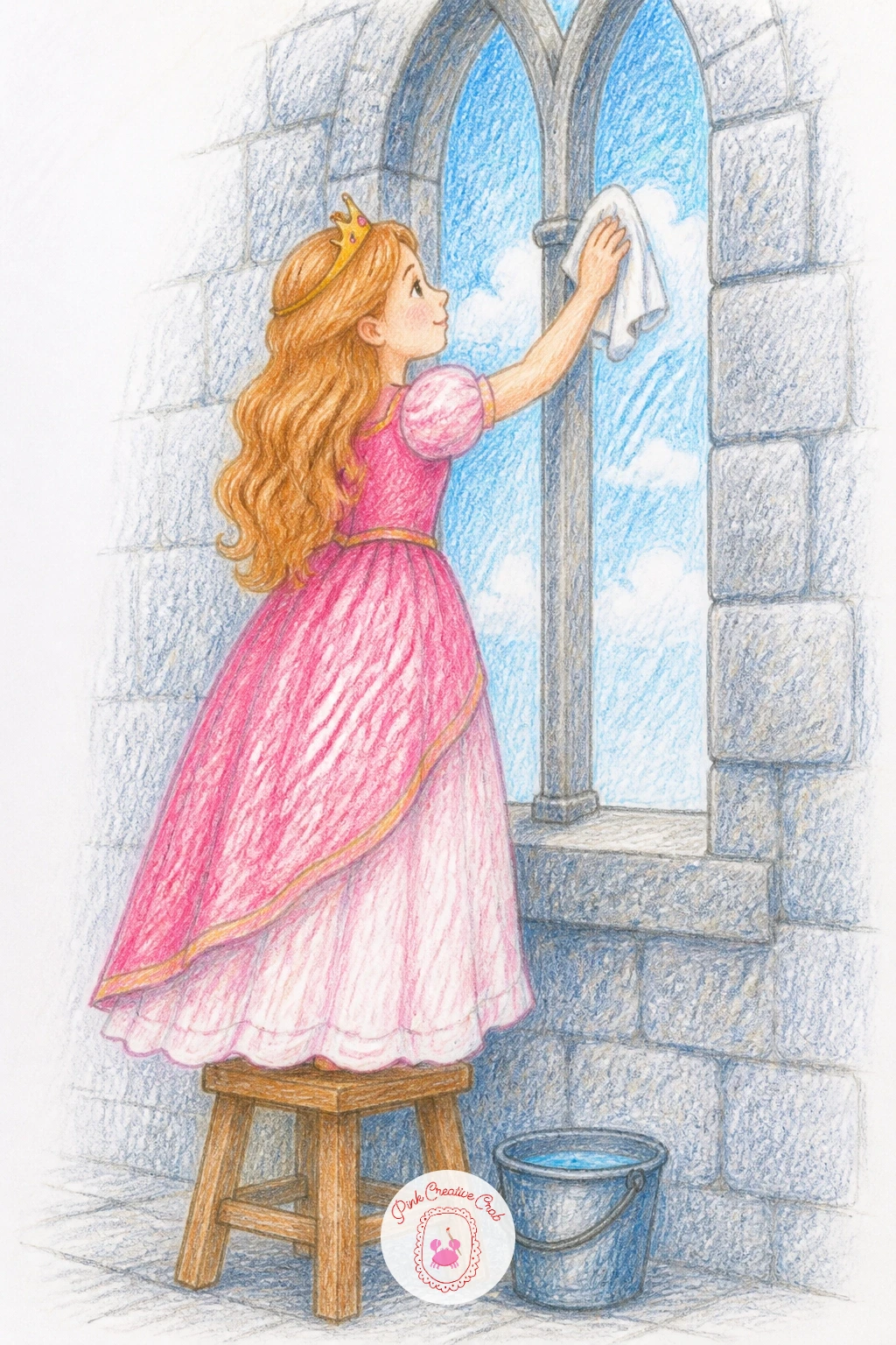 Princess Cleaning Castle Windows — Give her a chore with a bit of height to it: a princess cleaning a tall castle window, standing on a short stool with a