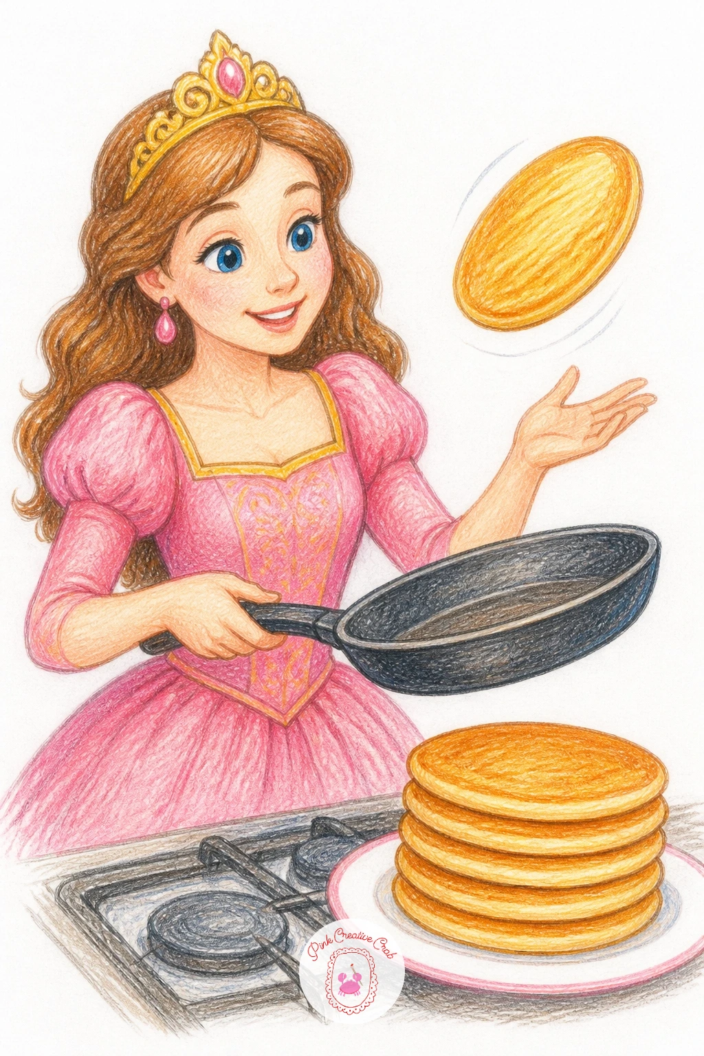 Princess Making Pancakes — Back to the kitchen for a stack of pancakes, spatula in hand and one pancake mid flip in the air above the pan. Princess drawings