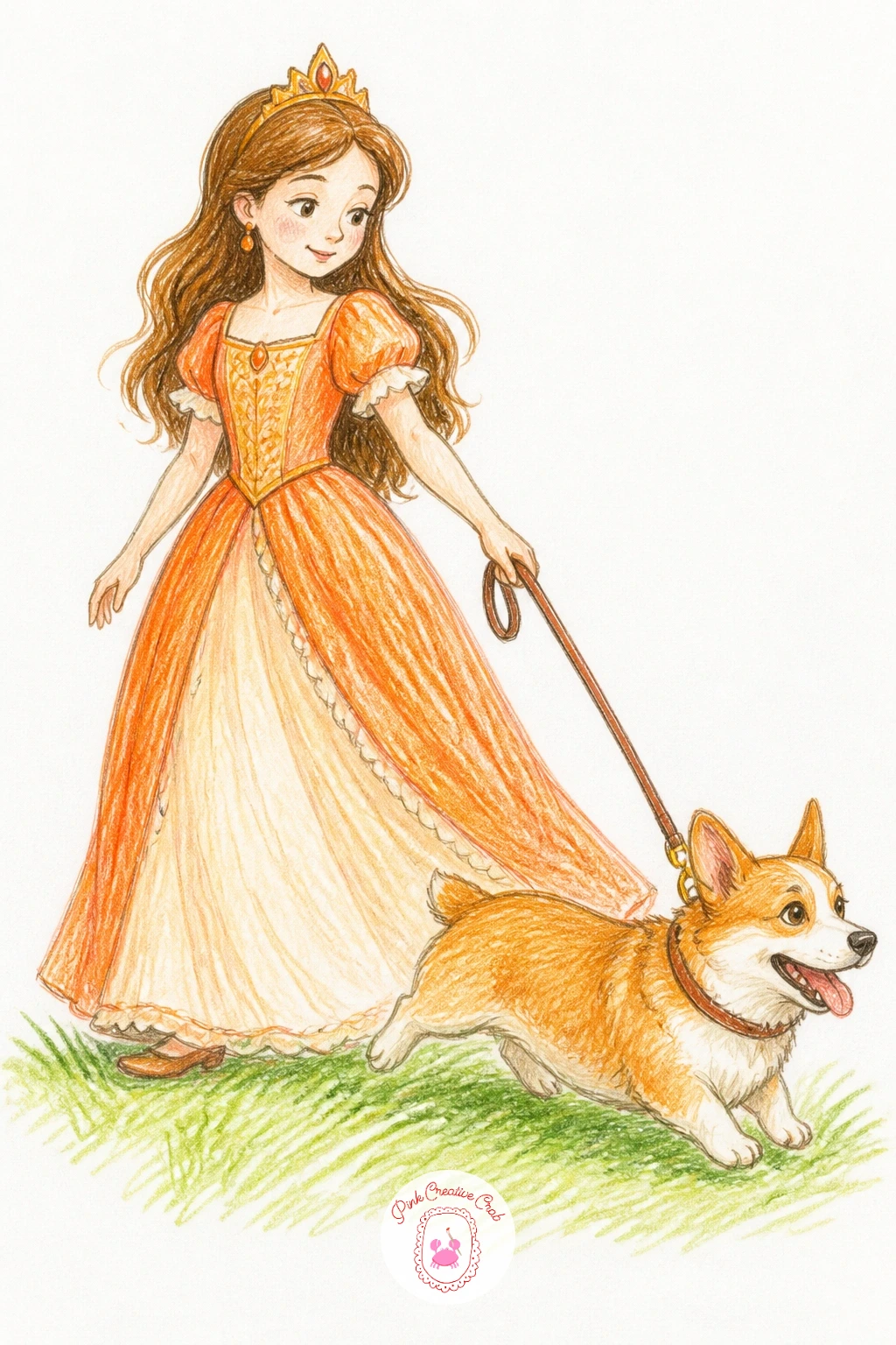 Princess Walking a Corgi — Trade the dragon on a lead for something more down to earth: a princess walking a corgi, its short legs working twice as hard as