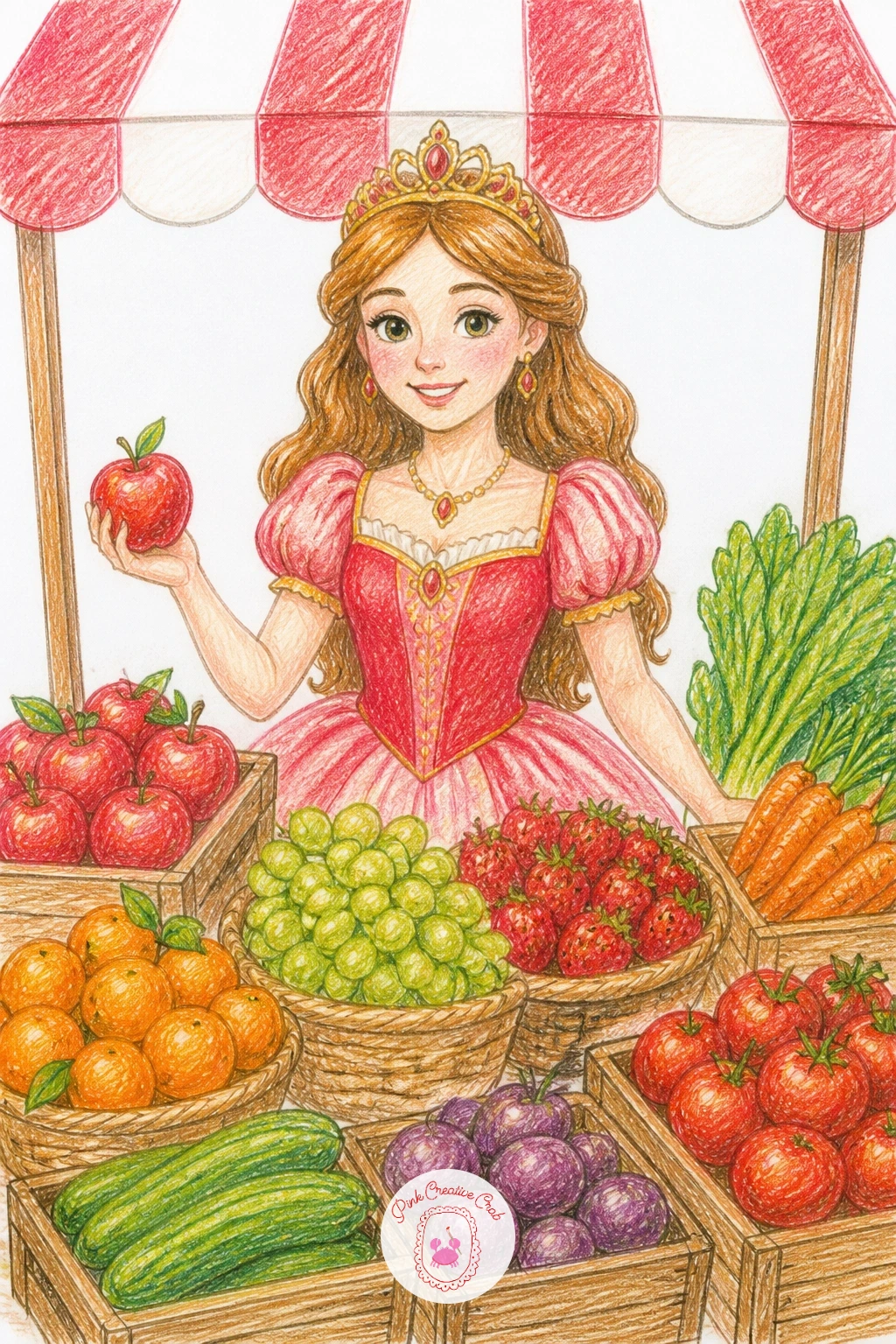 Princess at the Farmers Market — Give her a busier outdoor scene at the farmers market, standing at a small stall table piled with fruit and flowers. Princess