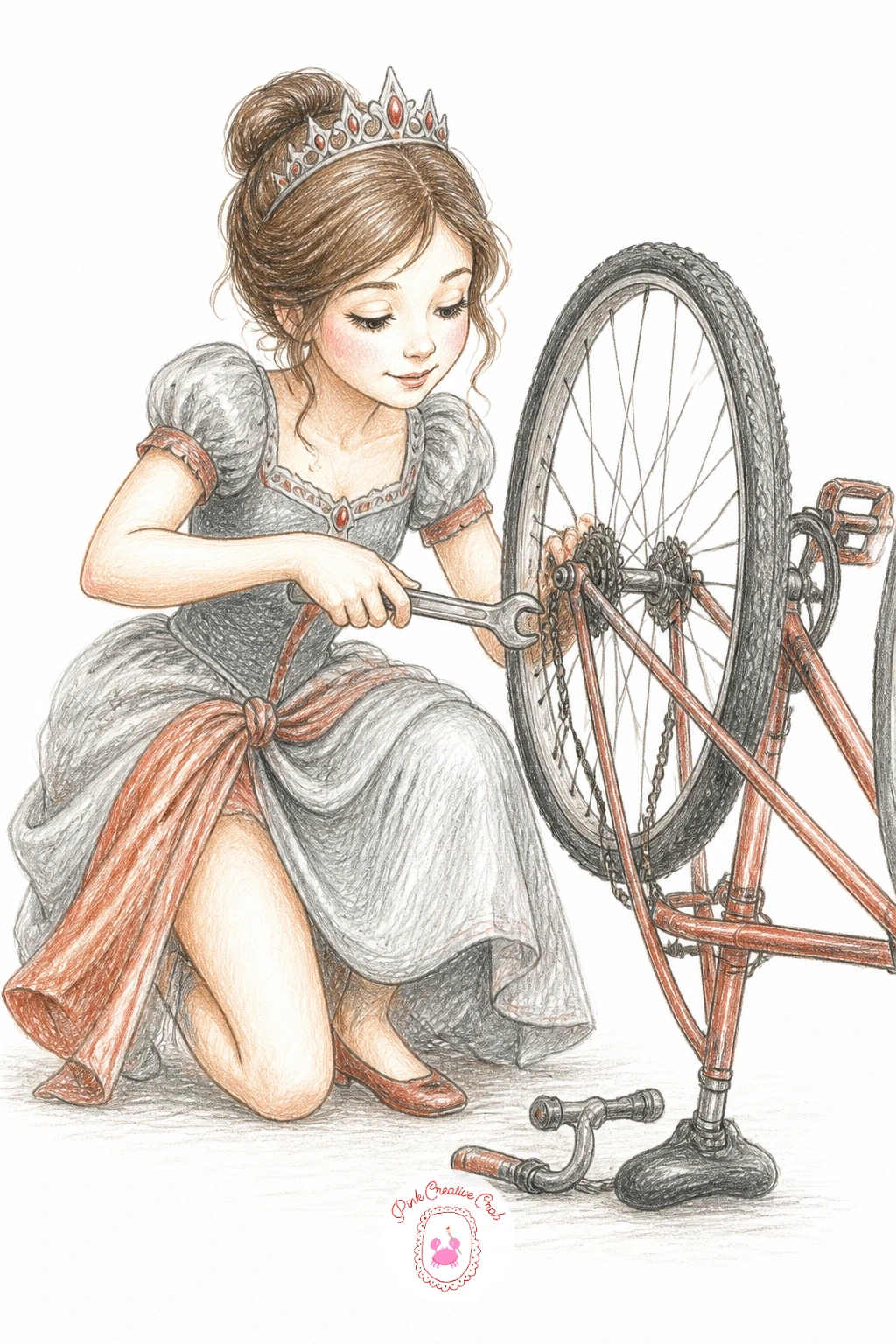 Princess Fixing Her Bike — Circle back to the bicycle from earlier, only this time it is upside down and she is fixing it herself, spanner in hand and gown