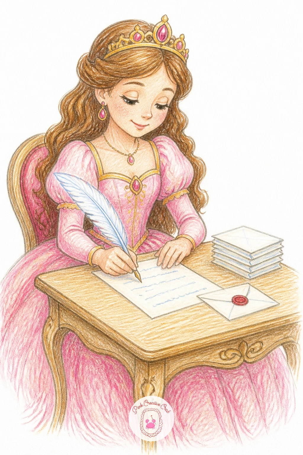 Princess Writing Letters — Give her a quiet moment at a small desk writing letters, quill in hand and a few finished pages stacked beside the inkwell. Princess