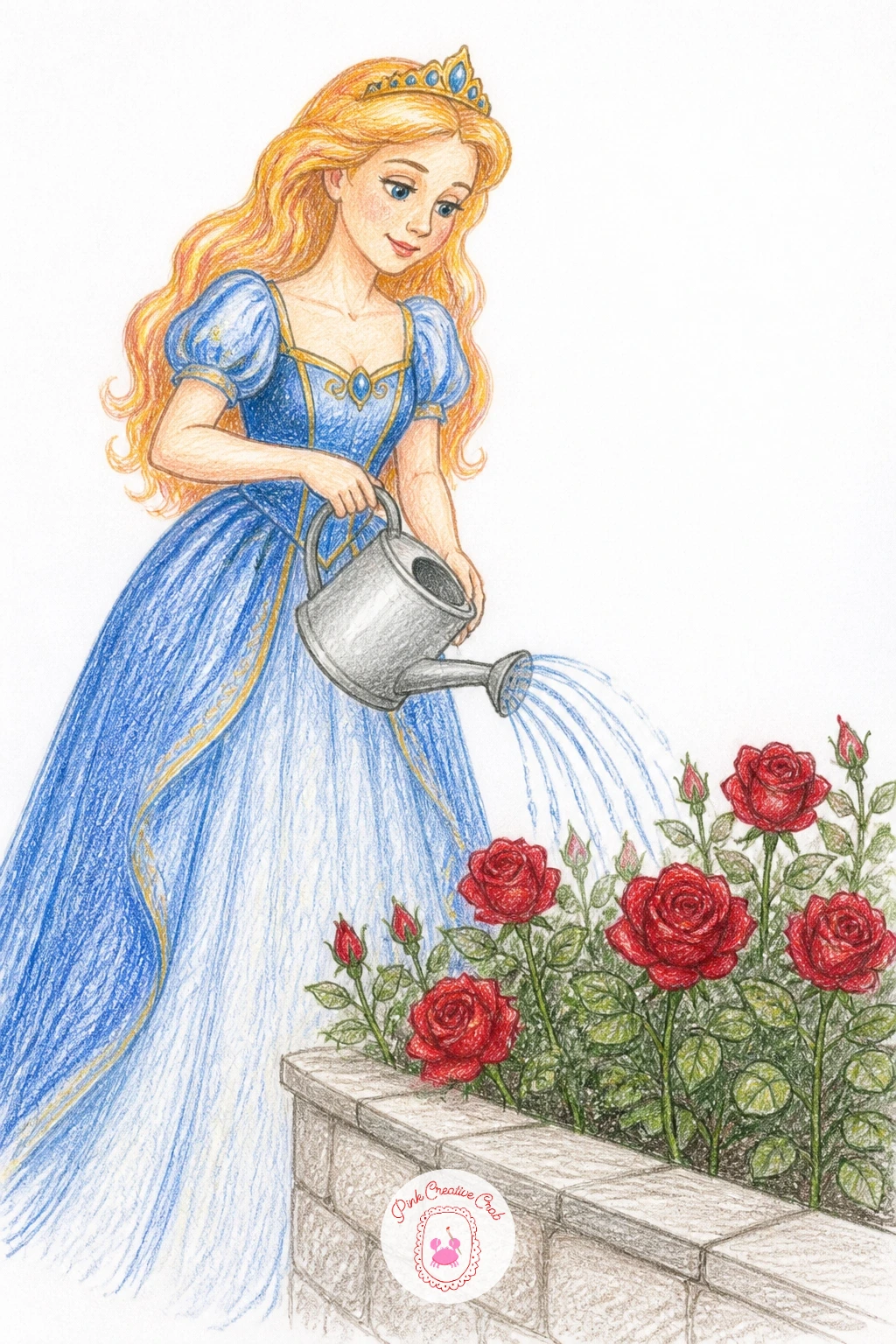 Princess Watering Roses — Take her back outside once more, watering can tipped over a row of rose bushes along a low garden wall. Princess drawings