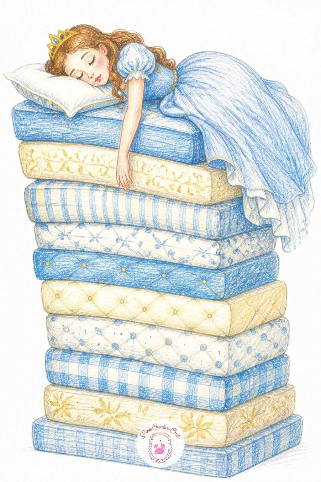 Princess Asleep on a Stack of Mattresses — End on the classic joke itself, a princess fast asleep high on a towering stack of mattresses, one arm dangling off