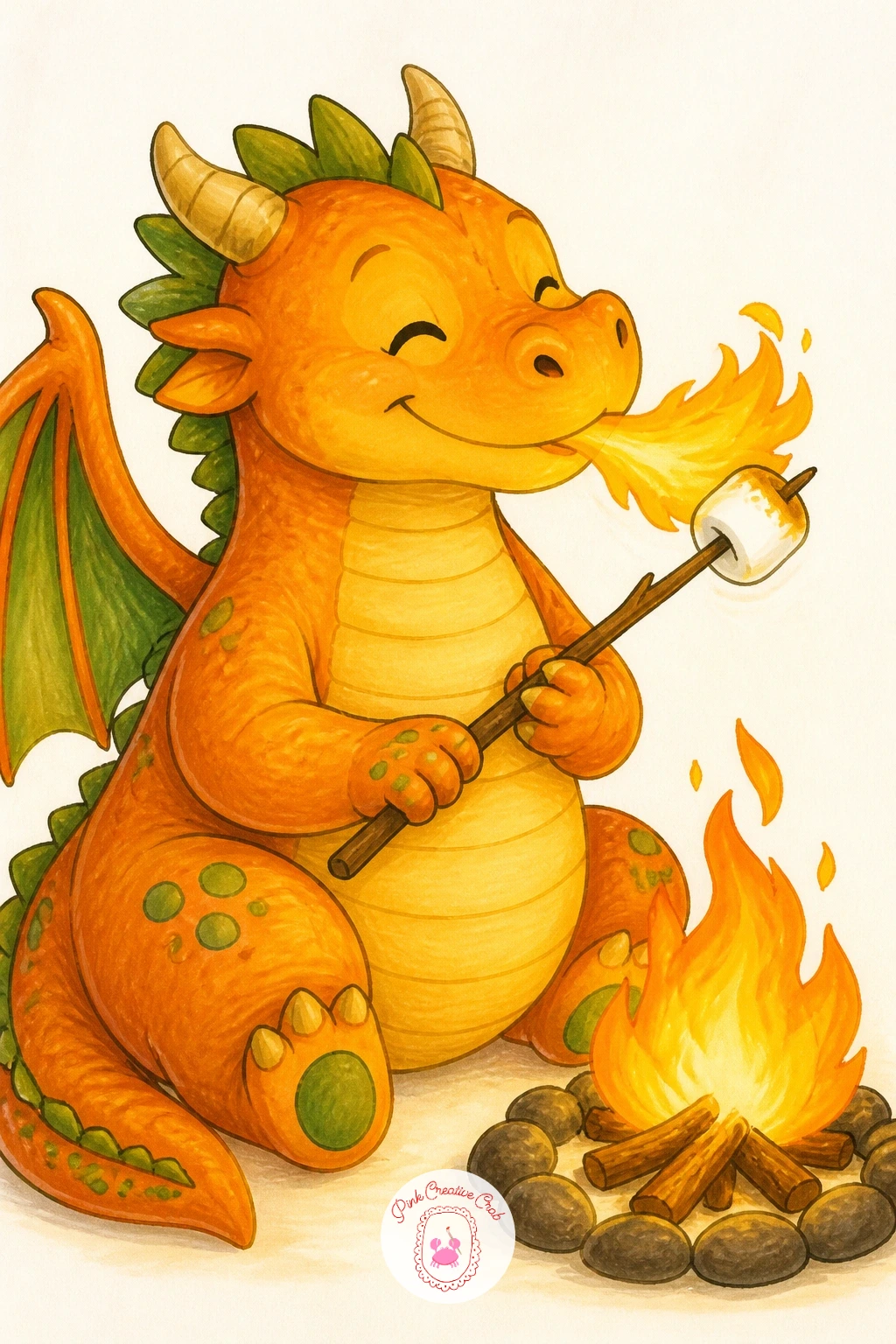 Dragon Toasting Marshmallows — Start the dragon toasting marshmallows with a rounded body curled into a sitting pose, tail wrapped around its own feet like a