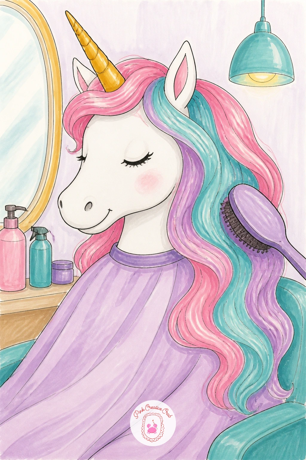 Unicorn At The Hair Salon — A unicorn getting its mane done gives you a reason to draw that rainbow hair in motion instead of hanging flat, which is the fun