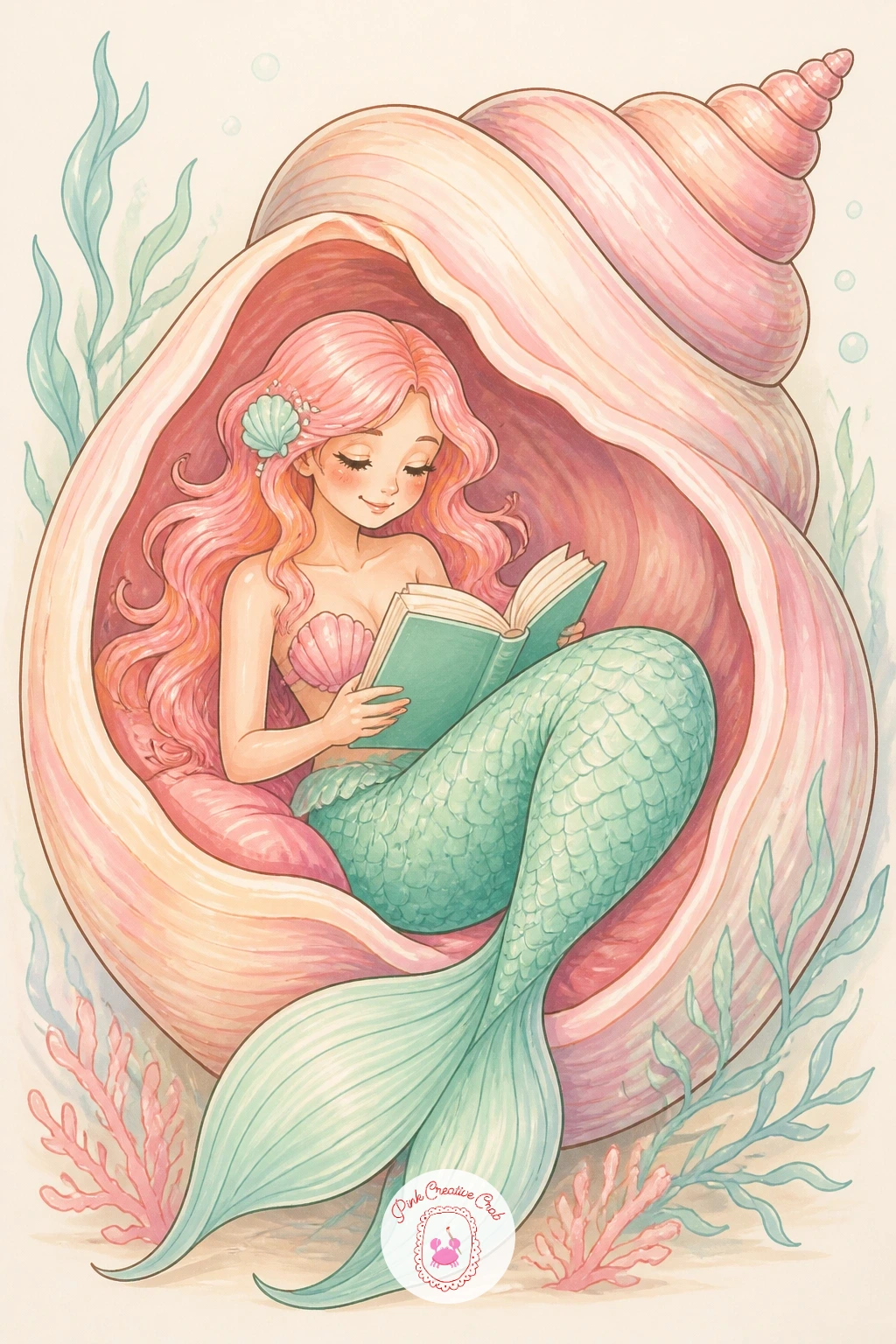 Mermaid Reading Inside A Shell — Following the glamour of the salon, this mermaid just wants a quiet afternoon curled inside a giant shell with a book.