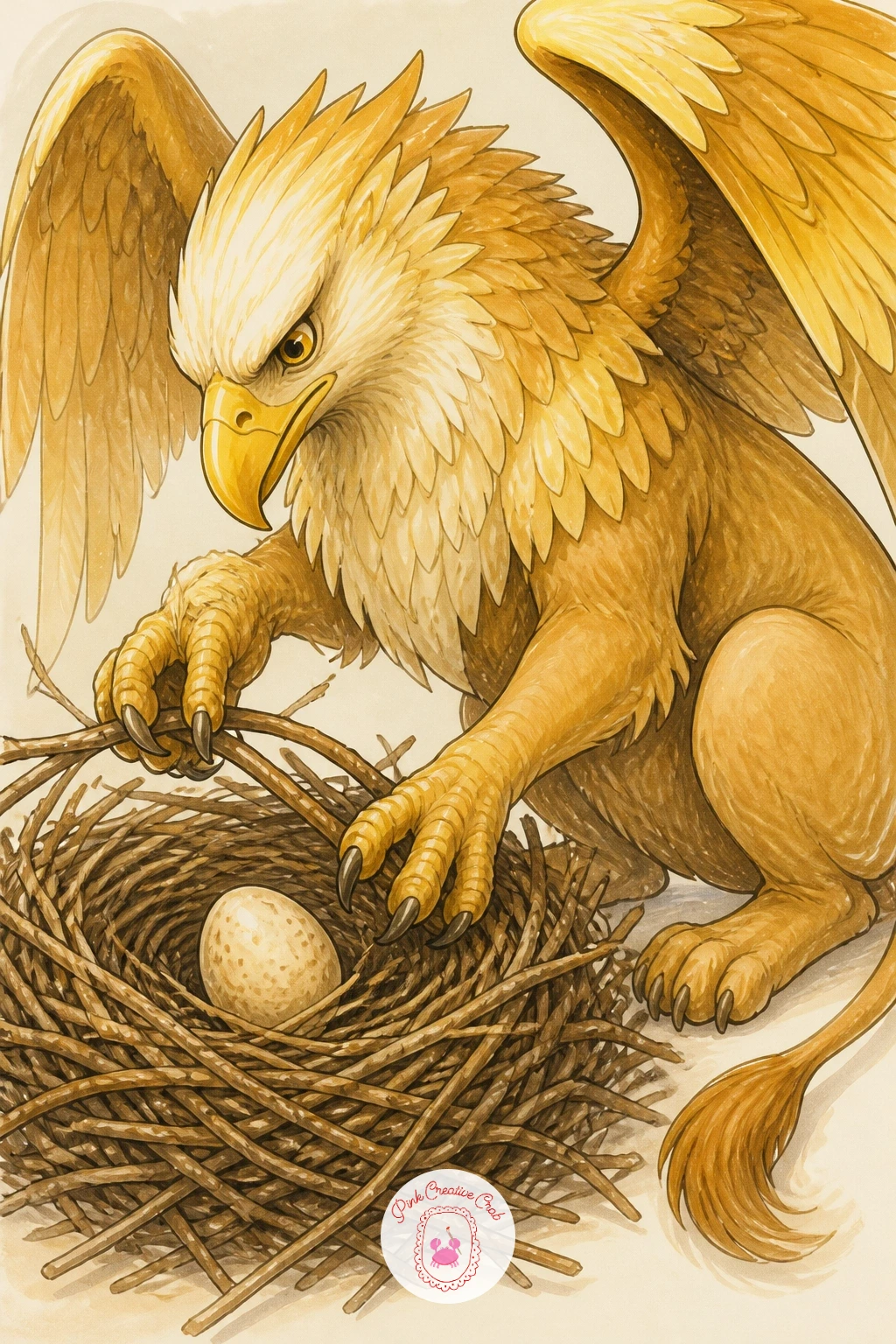 Griffin Building A Nest — A griffin hauling twigs into a nest lets you combine two animal halves without worrying about anatomy too much, since the feathered