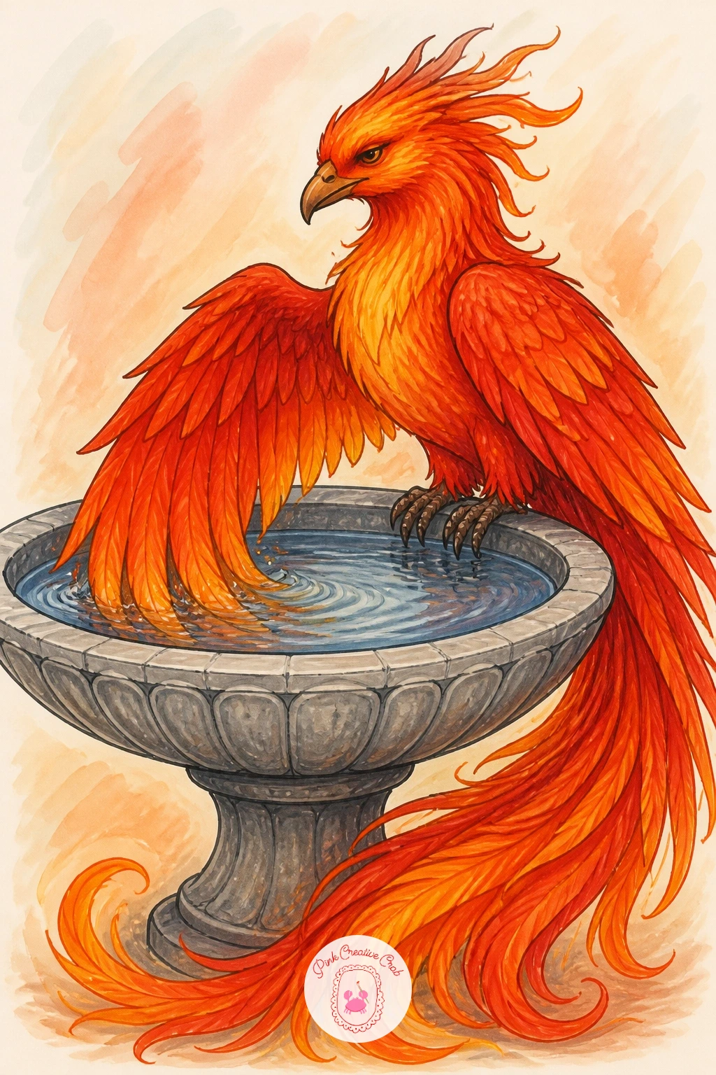 Phoenix In A Bird Bath — After all that nest building, a phoenix cooling off in a garden bird bath is a nice contradiction, since everyone draws this bird