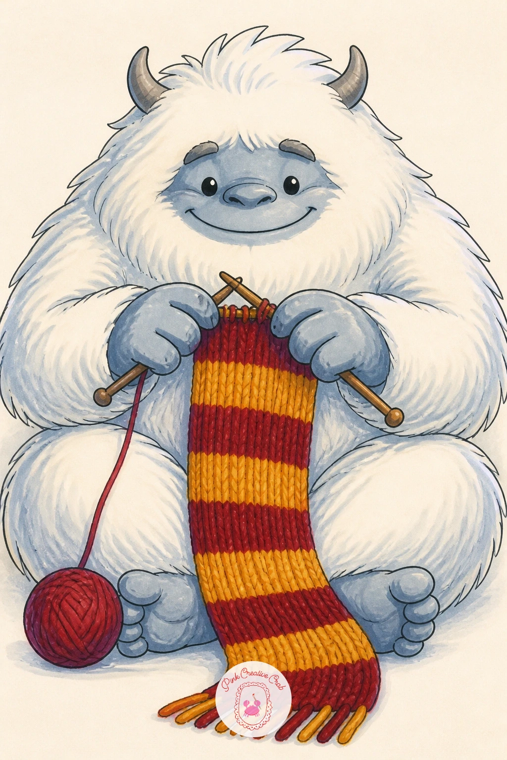 Yeti Knitting A Scarf — Give the yeti a break from mountain roaming and sit it down with knitting needles and a half-finished scarf pooled in its lap. Mythical
