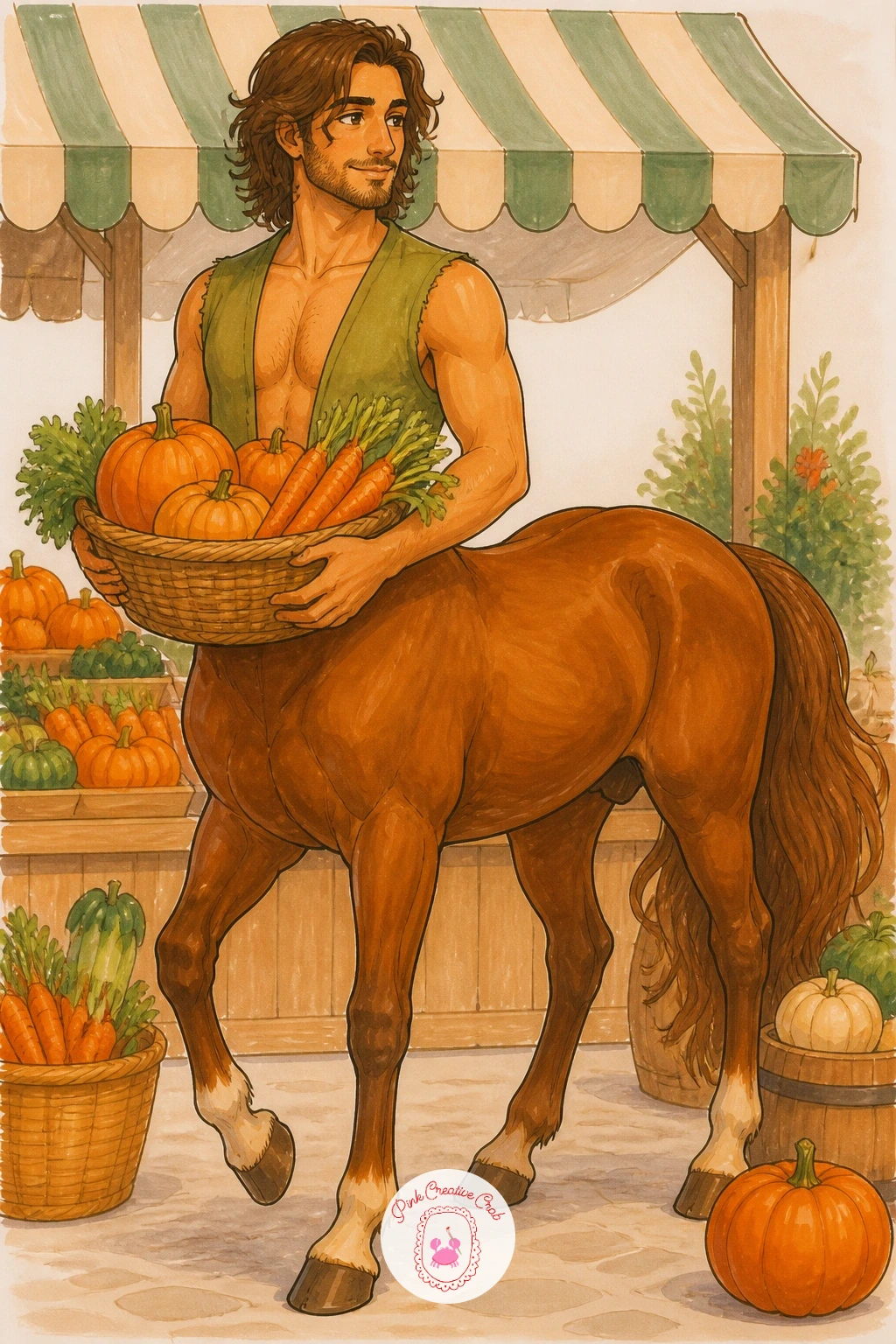 Centaur At The Farmers Market — Swap the yeti's quiet den for a bustling farmers market stall and you get a centaur balancing a basket of vegetables on its