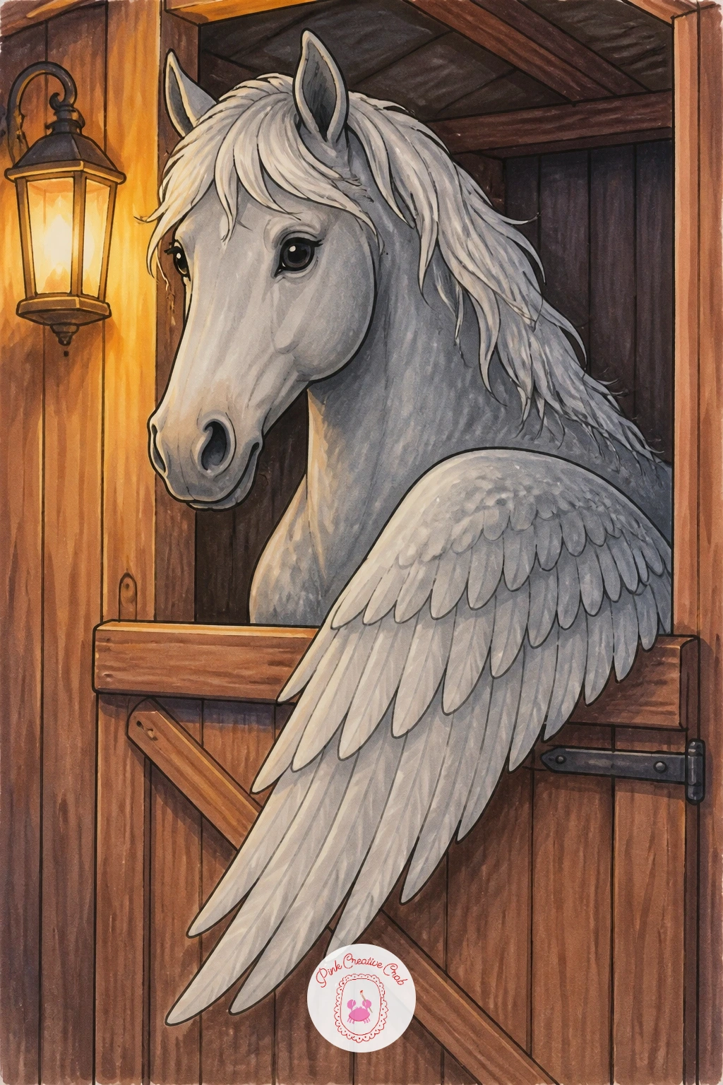 Pegasus In A Stable — Bring the market energy down a notch with a pegasus simply standing in its stable, one wing draped lazily over a stall door. Mythical