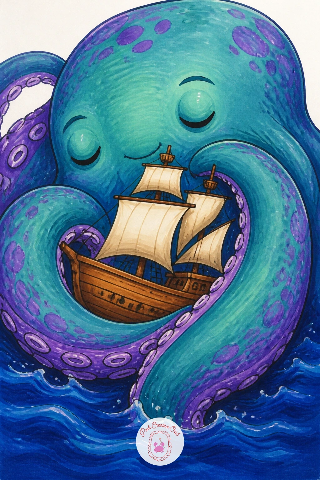 Kraken Hugging A Ship — Give the kraken a gentler reputation by drawing it wrapping two huge tentacles around a small sailing ship in an actual hug rather than