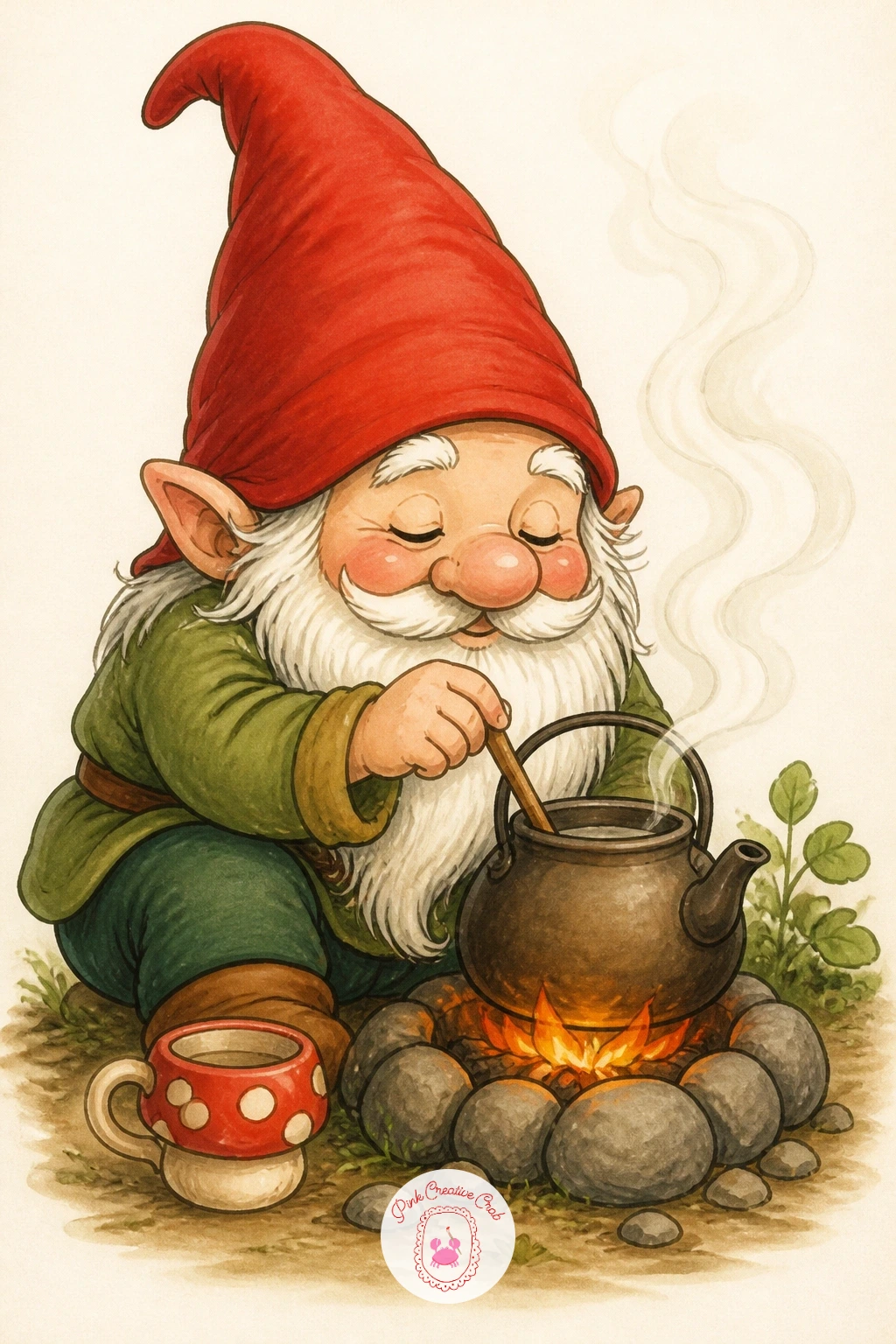Gnome Brewing Tea — After the fairy's airborne commute, a garden gnome brewing a pot of tea over a tiny open fire feels like the right pace to slow things