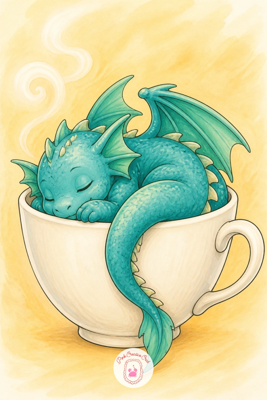 Baby Dragon In A Teacup — Keep the cozy, small-scale mood going with a baby dragon curled up asleep inside an oversized teacup, tail hanging over the rim.