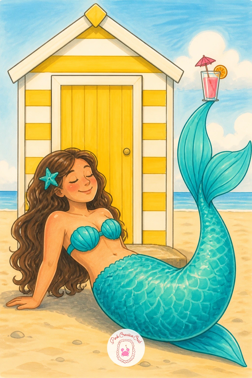 Mermaid At A Beach Hut — Give the mermaid from earlier a proper holiday with a little beach hut scene, tail propped on a striped deck chair instead of a shell.