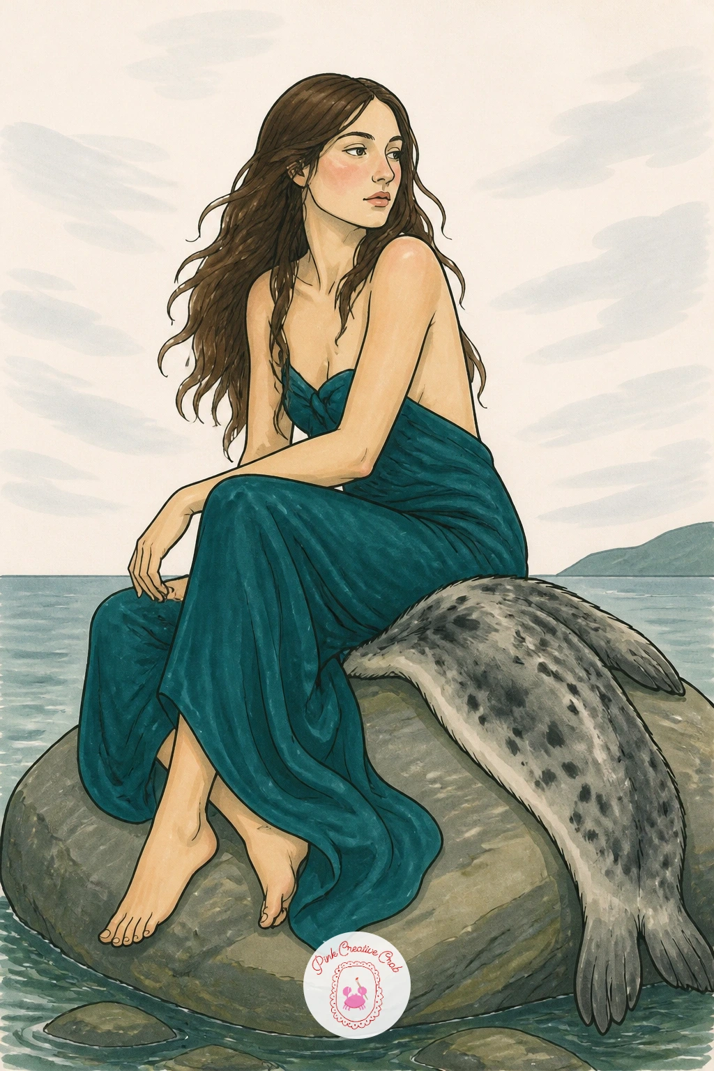 Selkie On A Rock — After the busy bridge scene, let a selkie sit still on a smooth rock at the shoreline, her sealskin draped beside her like a coat taken off