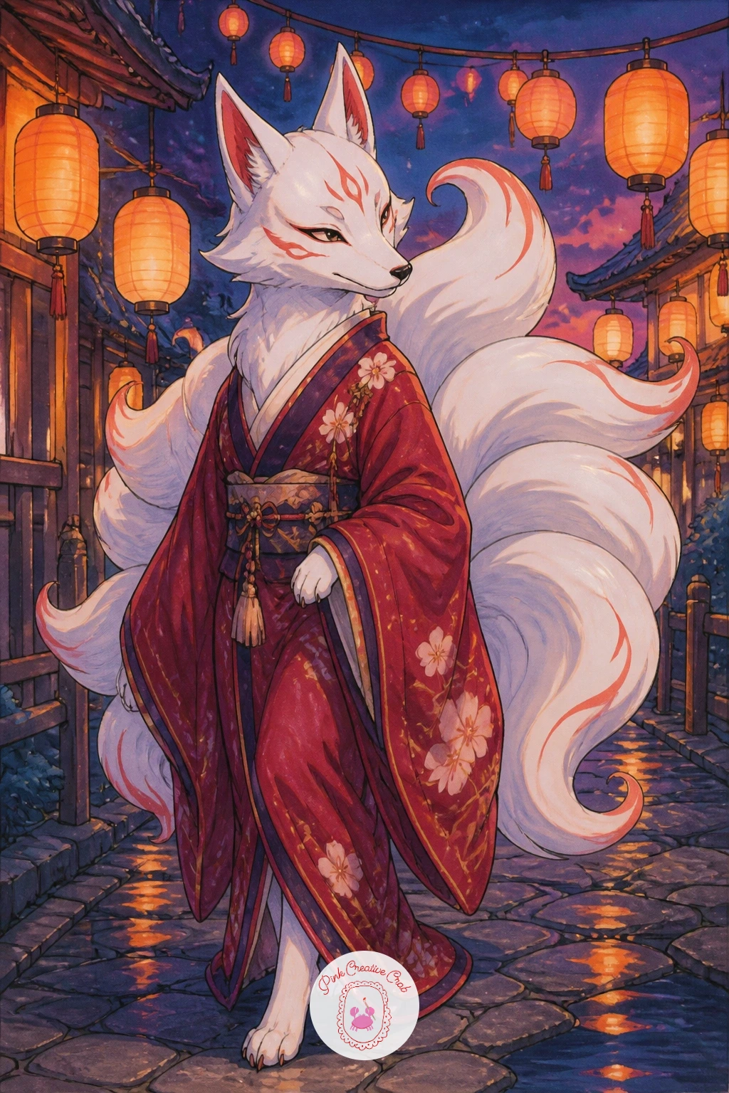 Kitsune In A Lantern Street — Slow walk a kitsune, a fox spirit with several tails, down a narrow street strung with paper lanterns at dusk. Mythical creatures