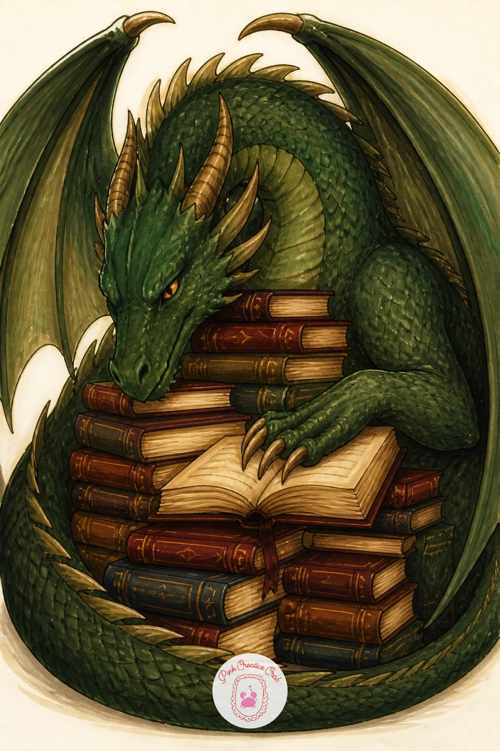 Dragon Guarding A Library — Trade the lantern street for a quiet indoor scene with a dragon curled protectively around a tall stack of books rather than a