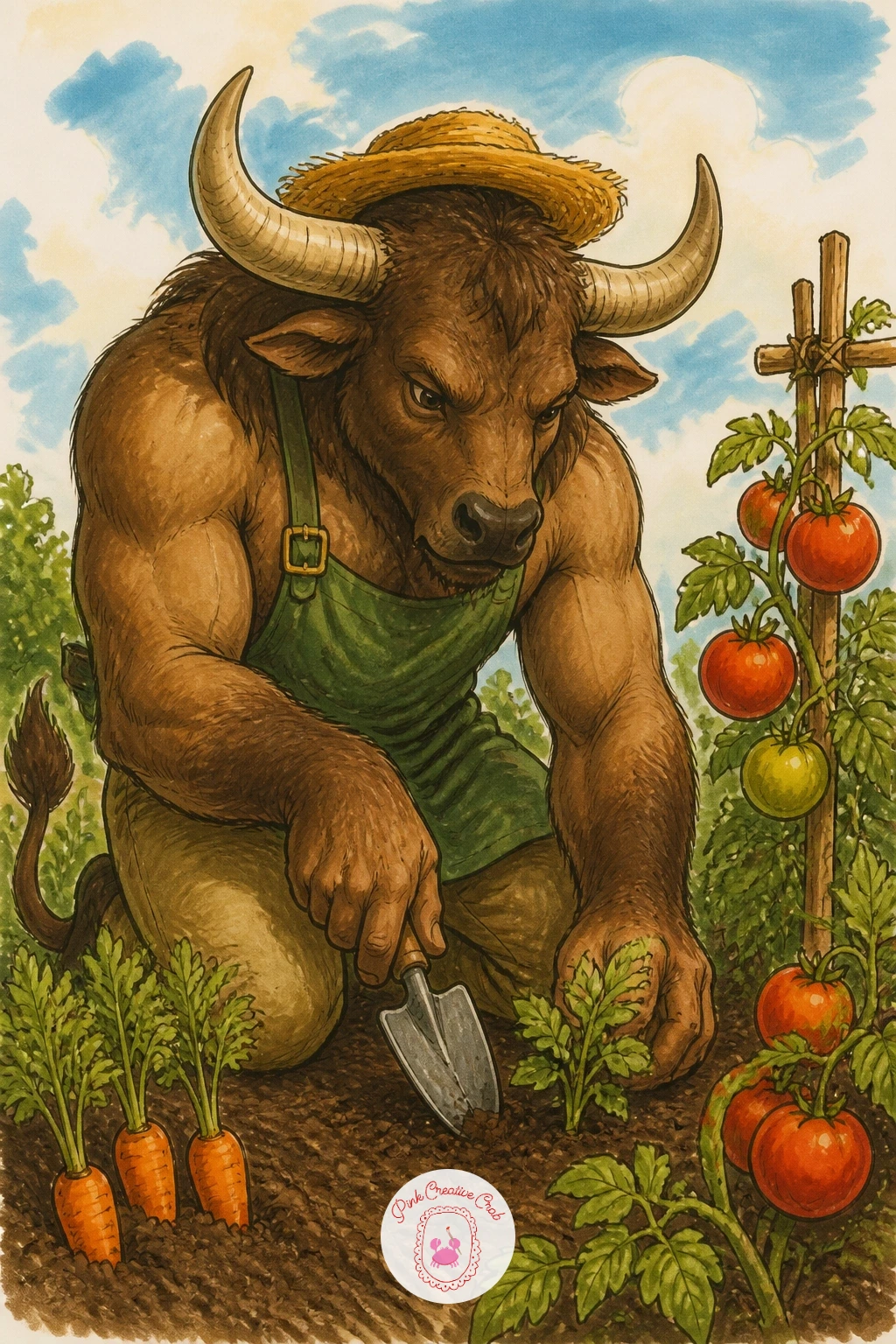 Minotaur Gardening — Put the minotaur to work in a small vegetable patch instead of a maze, kneeling with a trowel in one large hand. Mythical creatures