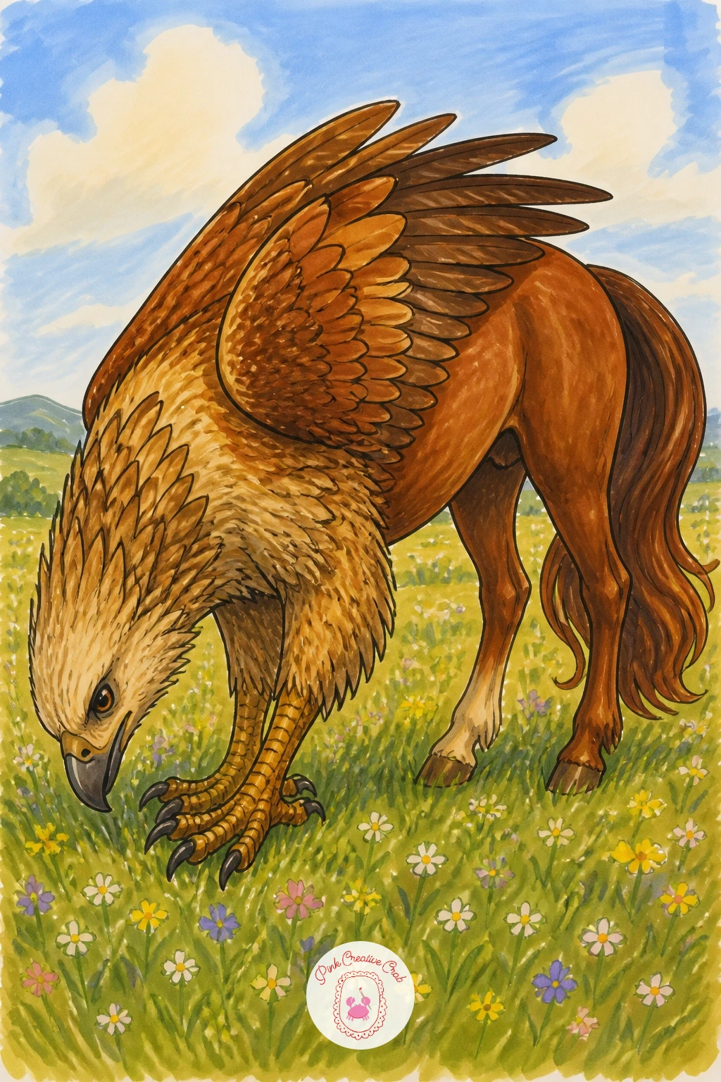 Hippogriff In A Meadow — After the minotaur's focused garden work, let a hippogriff simply stand loose in an open meadow, grazing on wildflowers like an